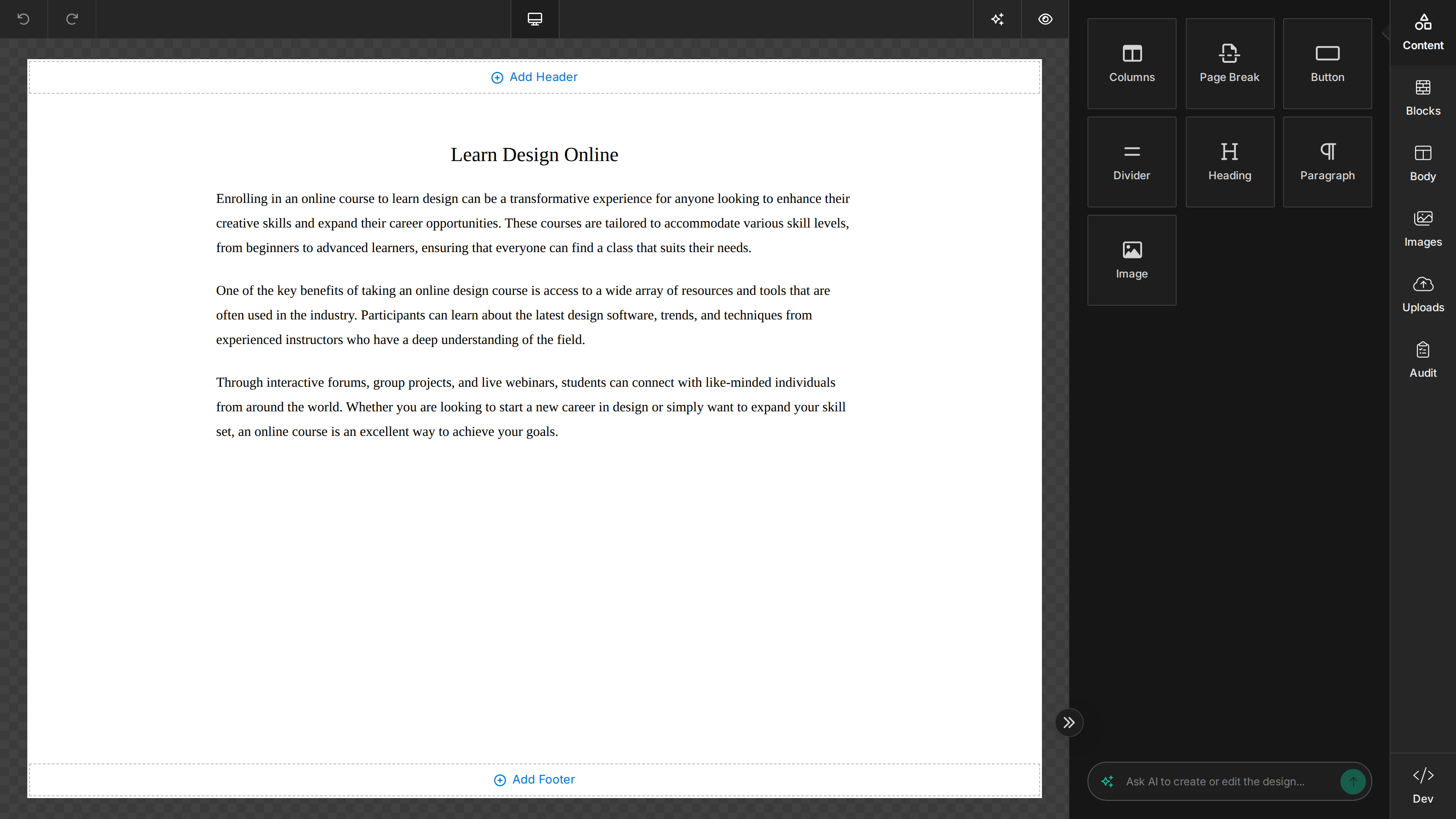The Unlayer document builder — tools panel, toolbar and an article document on the canvas