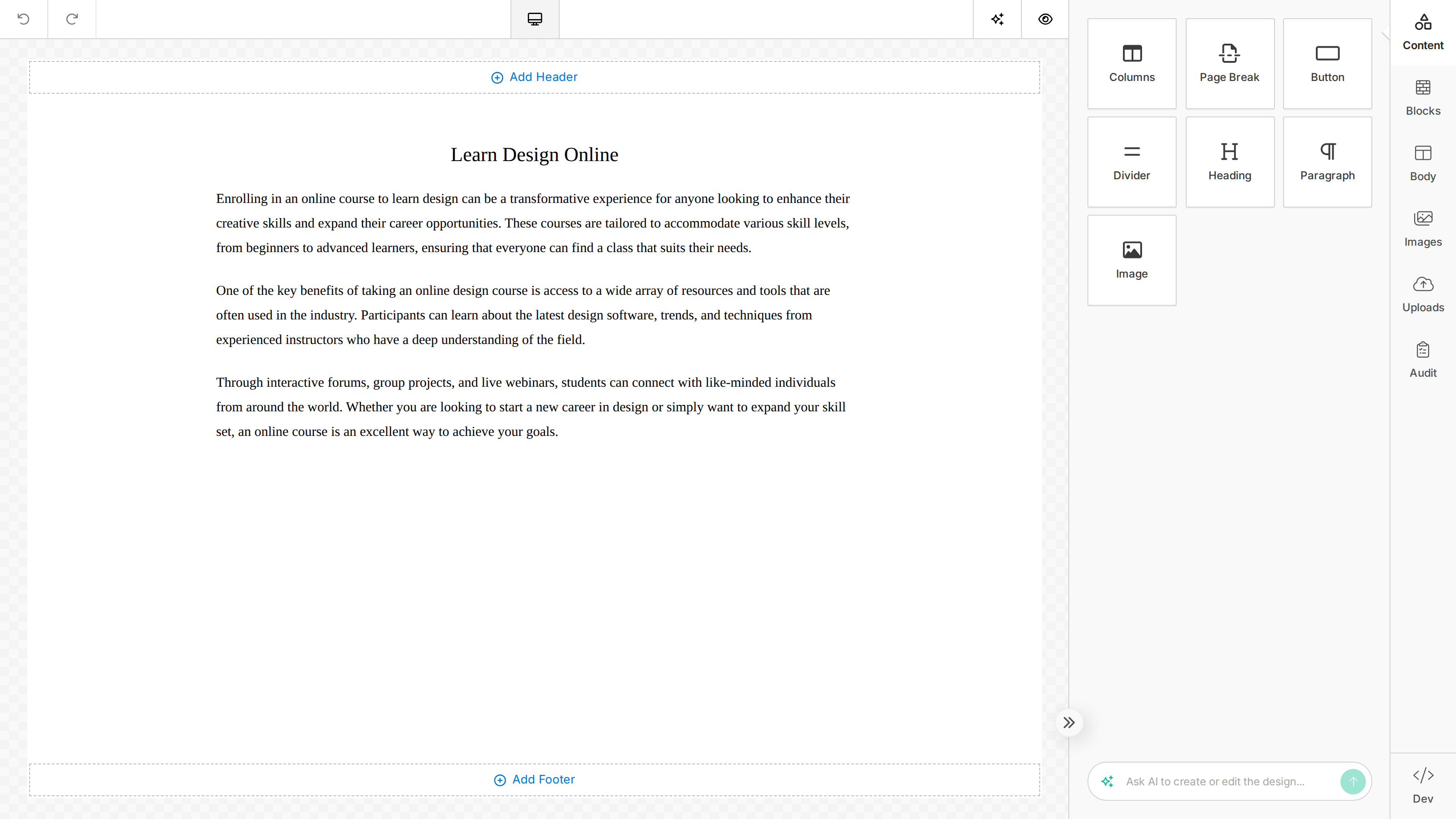 The Unlayer document builder — tools panel, toolbar and an article document on the canvas
