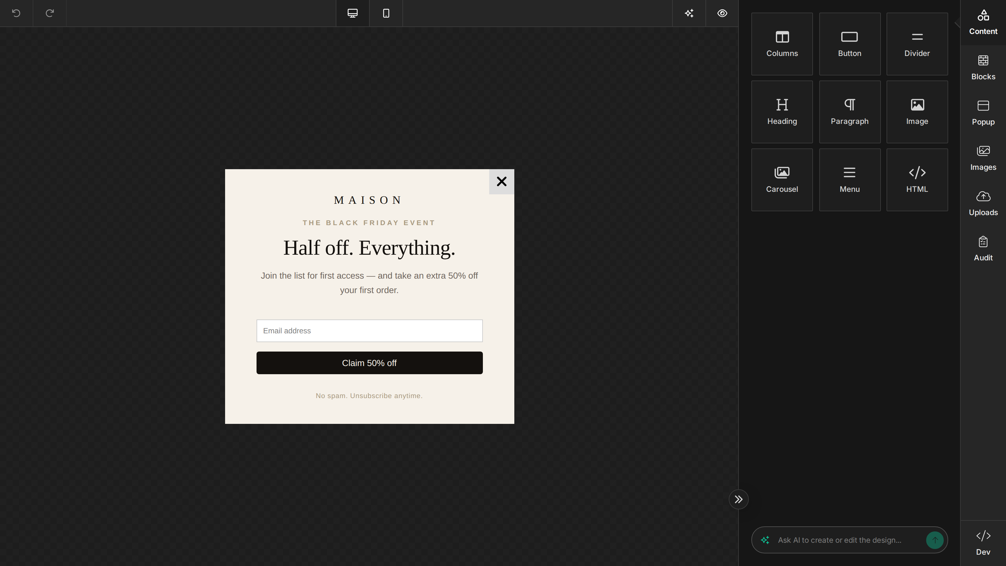 The Unlayer popup builder — tools panel, toolbar and a popup on the canvas
