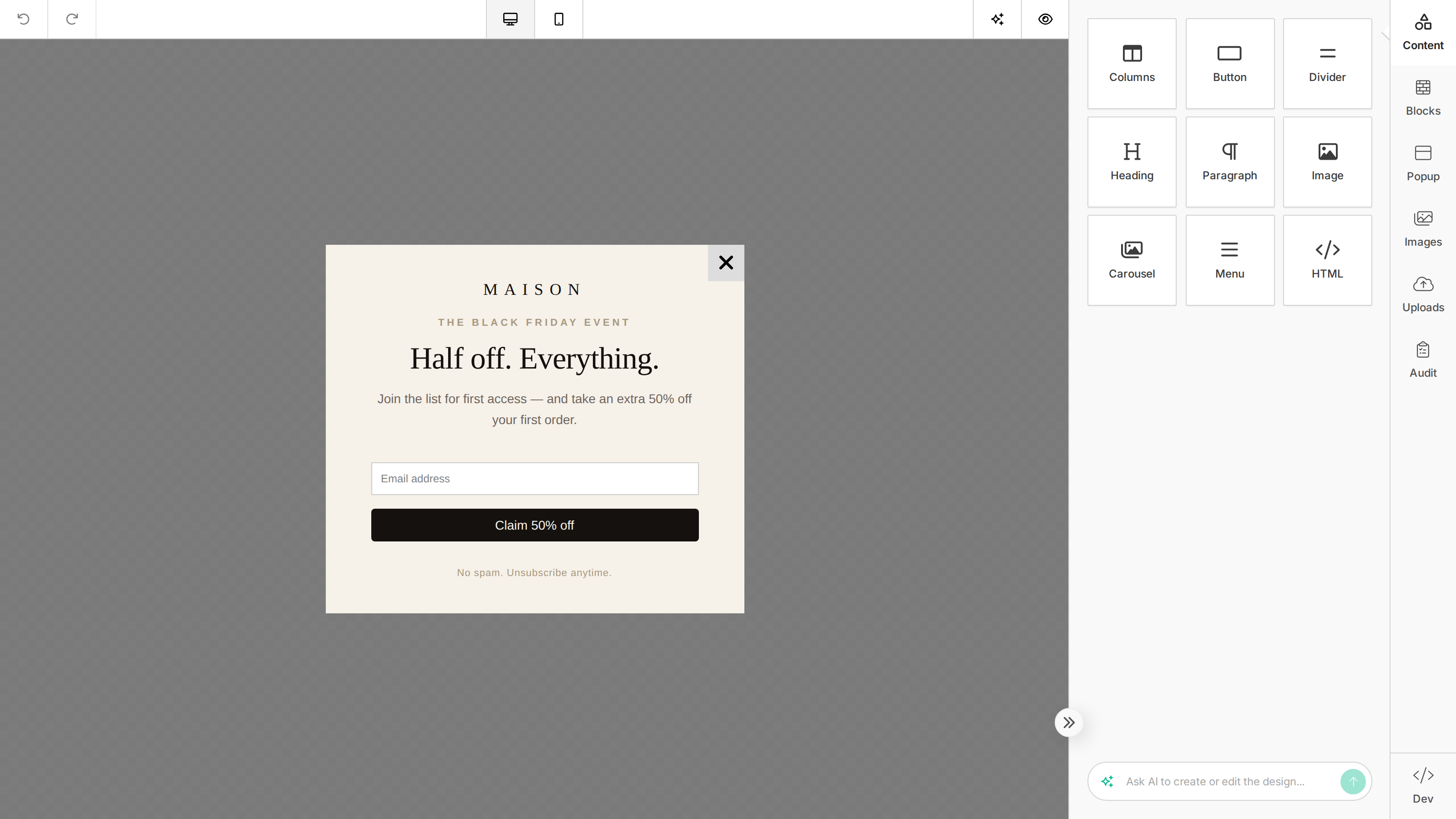 The Unlayer popup builder — tools panel, toolbar and a popup on the canvas