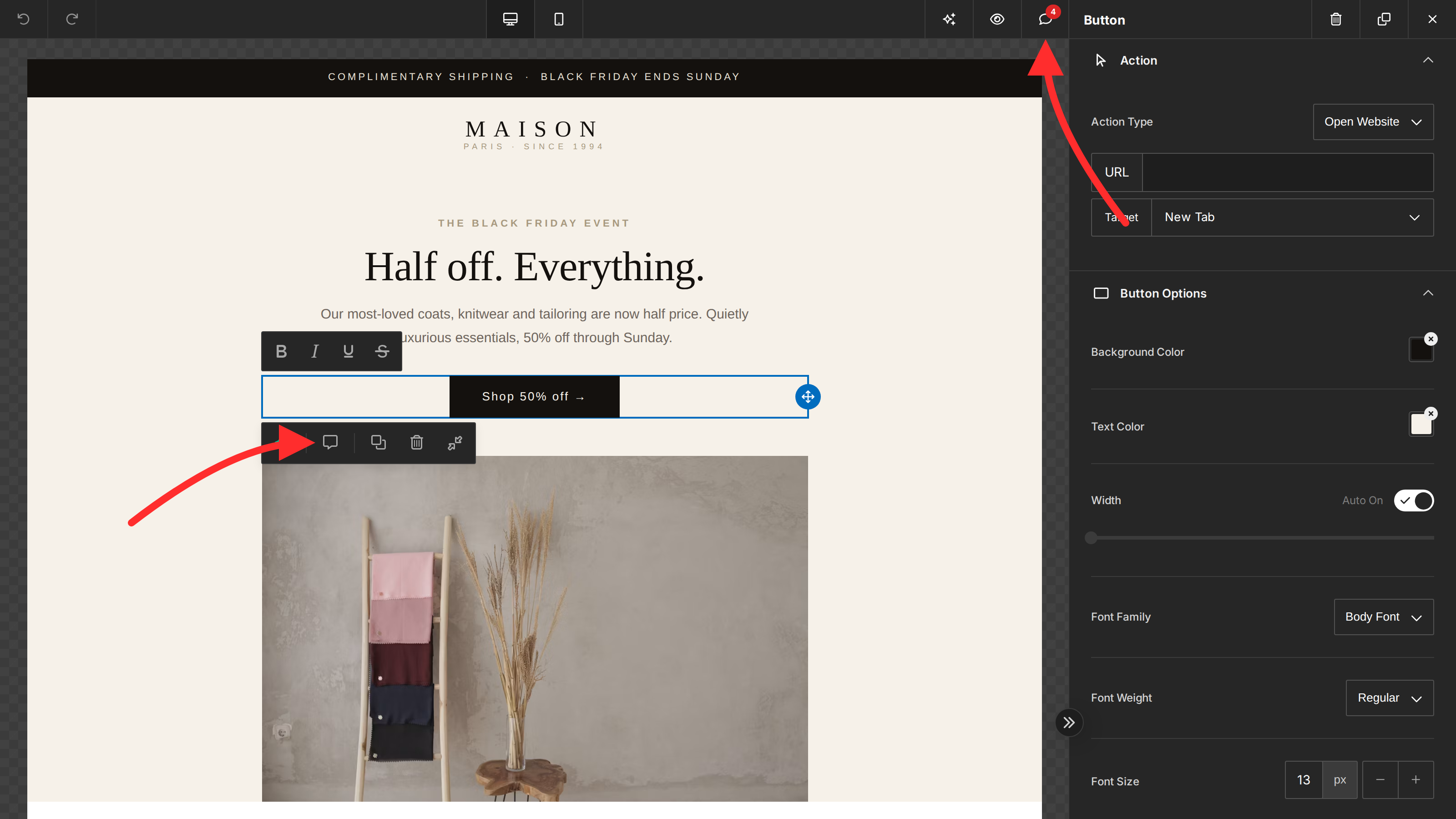 The builder with two red arrows — one pointing at the Comments button in the top action bar, and one at the comment button on the selected component’s layer toolbar — the two ways to start a comment