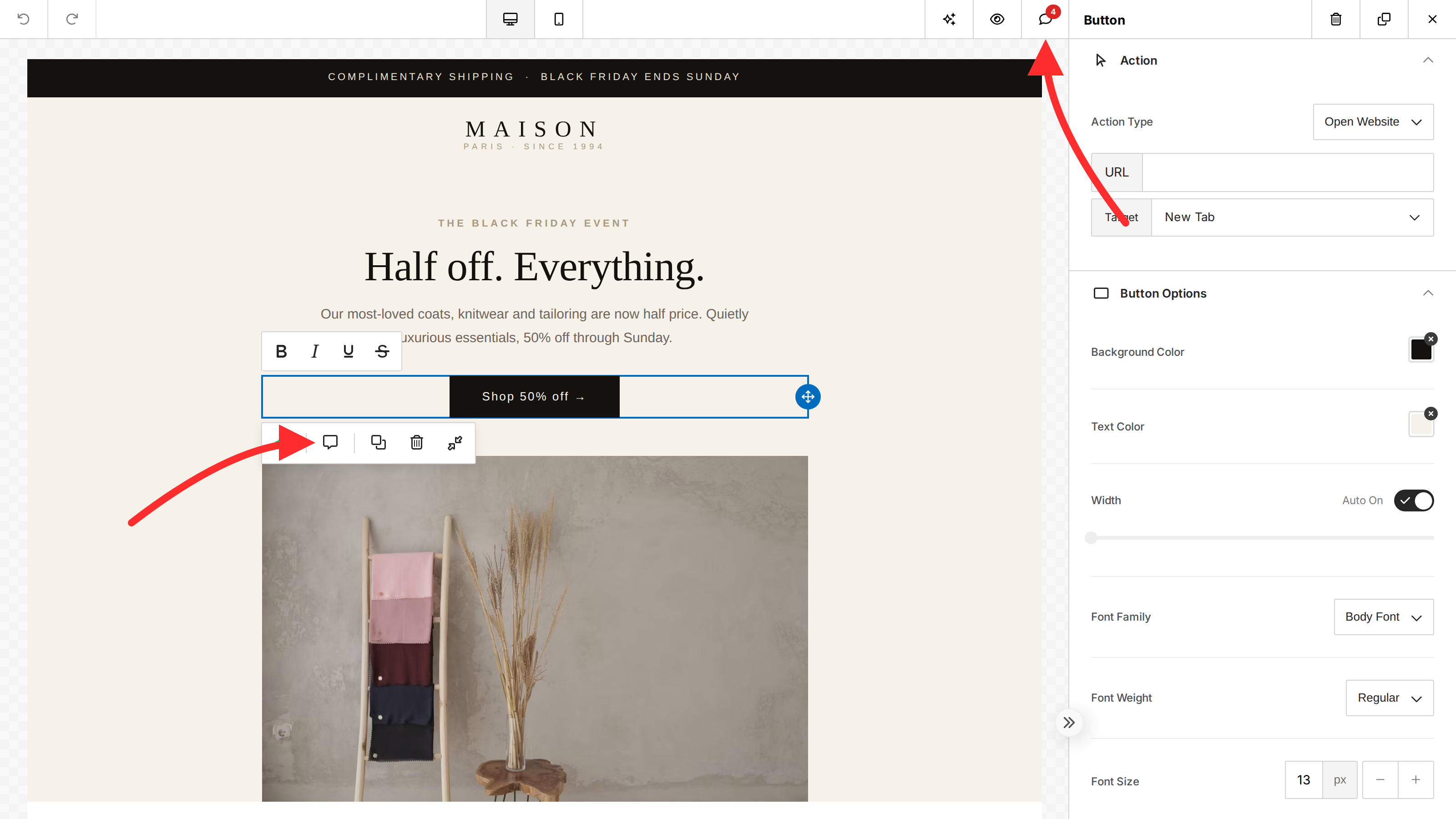 The builder with two red arrows — one pointing at the Comments button in the top action bar, and one at the comment button on the selected component’s layer toolbar — the two ways to start a comment