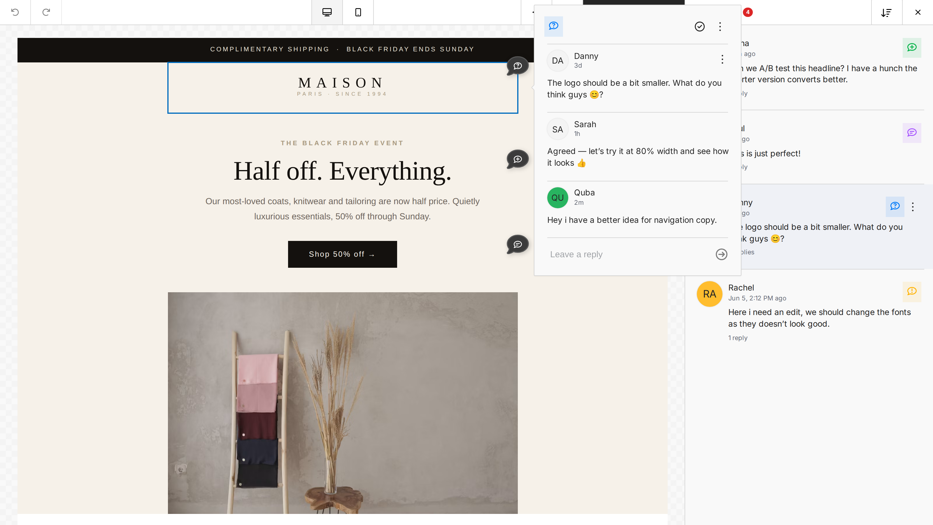 An open thread popover showing the conversation, a reply field, and the resolve button