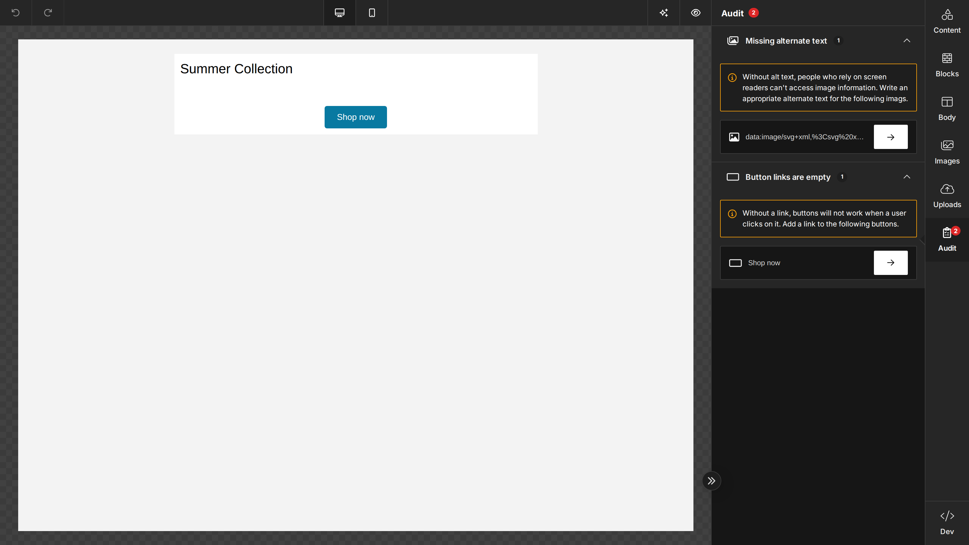 The Audit tab open in the builder, listing flagged issues for the current design — a missing image alt text and a missing button link
