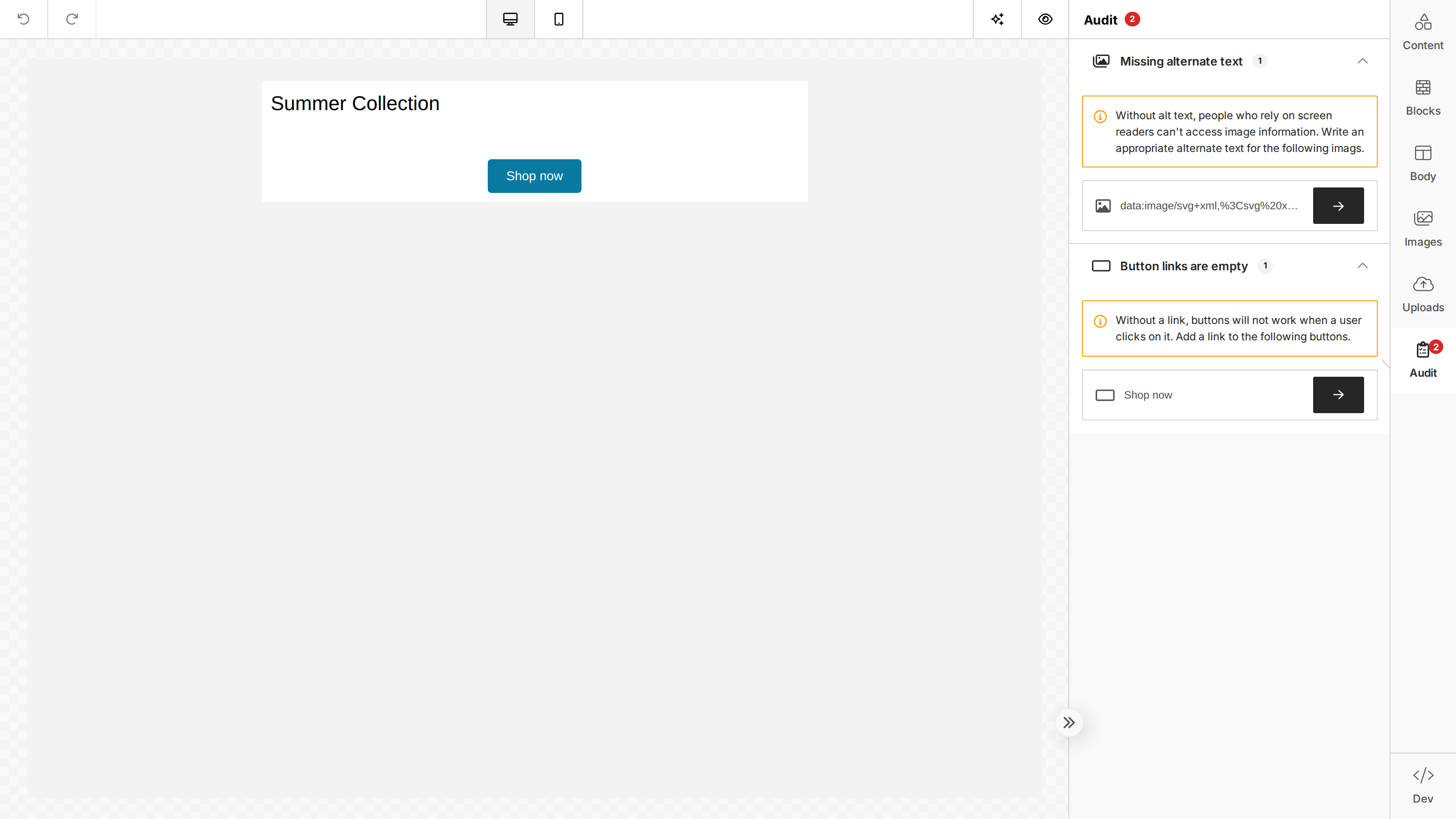 The Audit tab open in the builder, listing flagged issues for the current design — a missing image alt text and a missing button link
