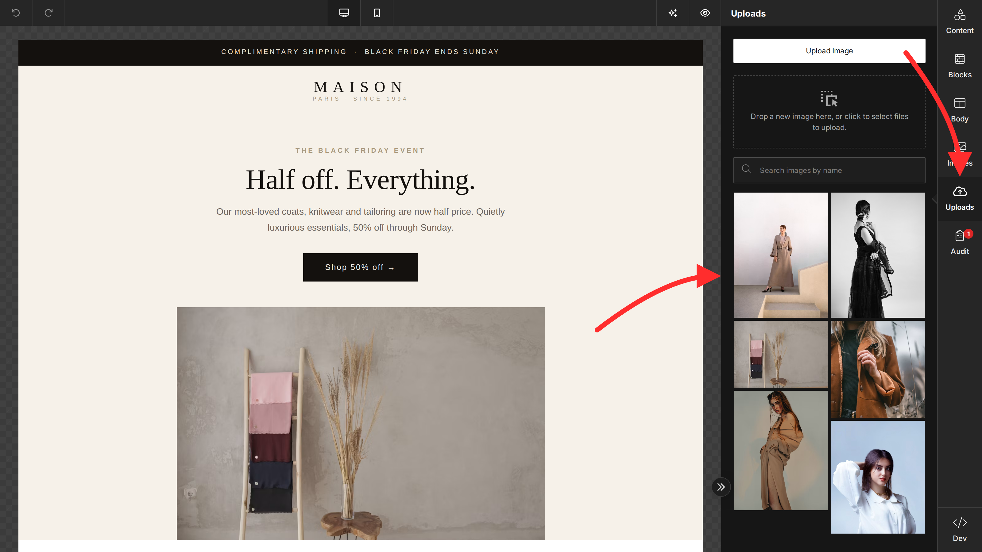 The builder Uploads tab open in the tools panel — an upload button and drop zone above a grid of previously uploaded images
