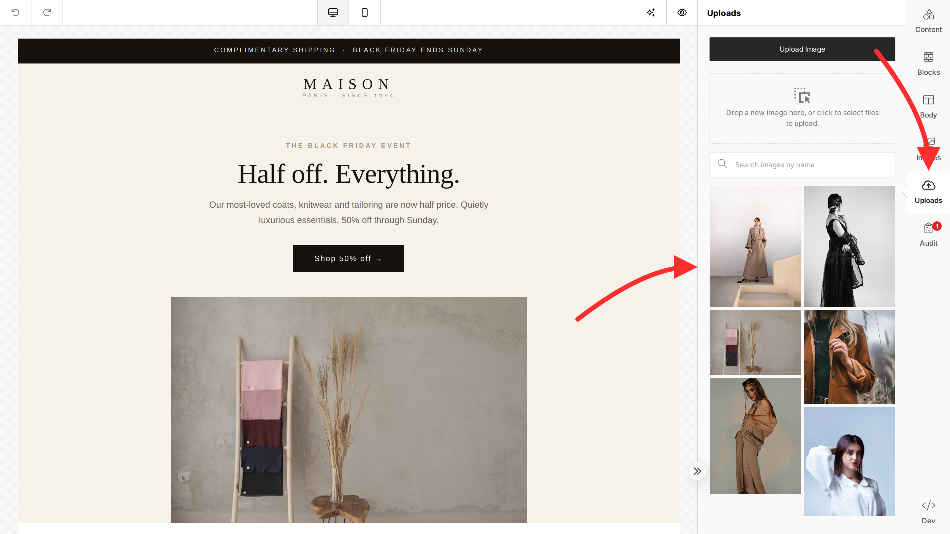 The builder Uploads tab open in the tools panel — an upload button and drop zone above a grid of previously uploaded images
