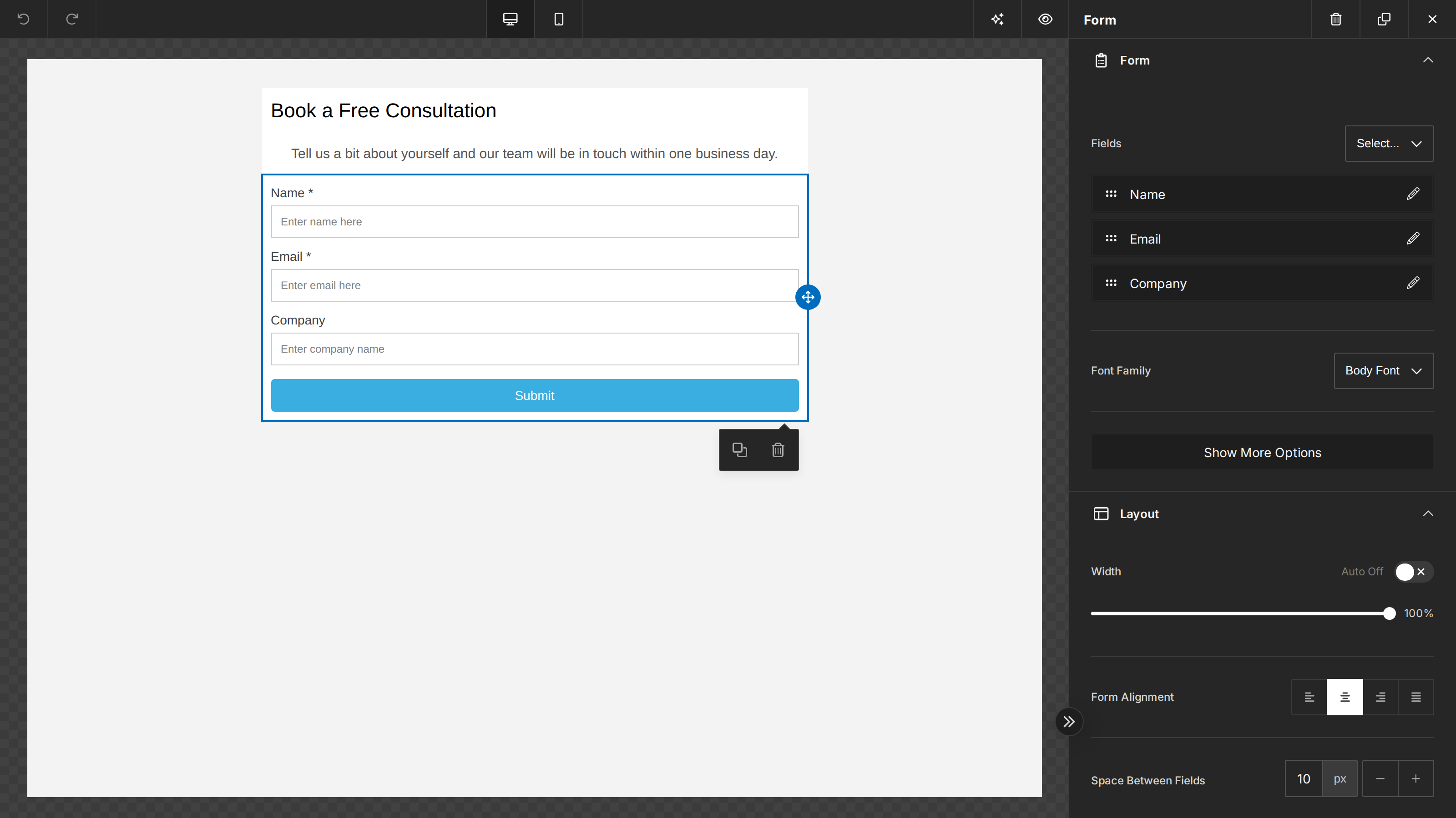 The Unlayer builder showing a Form content tool with name and email fields and a Subscribe button