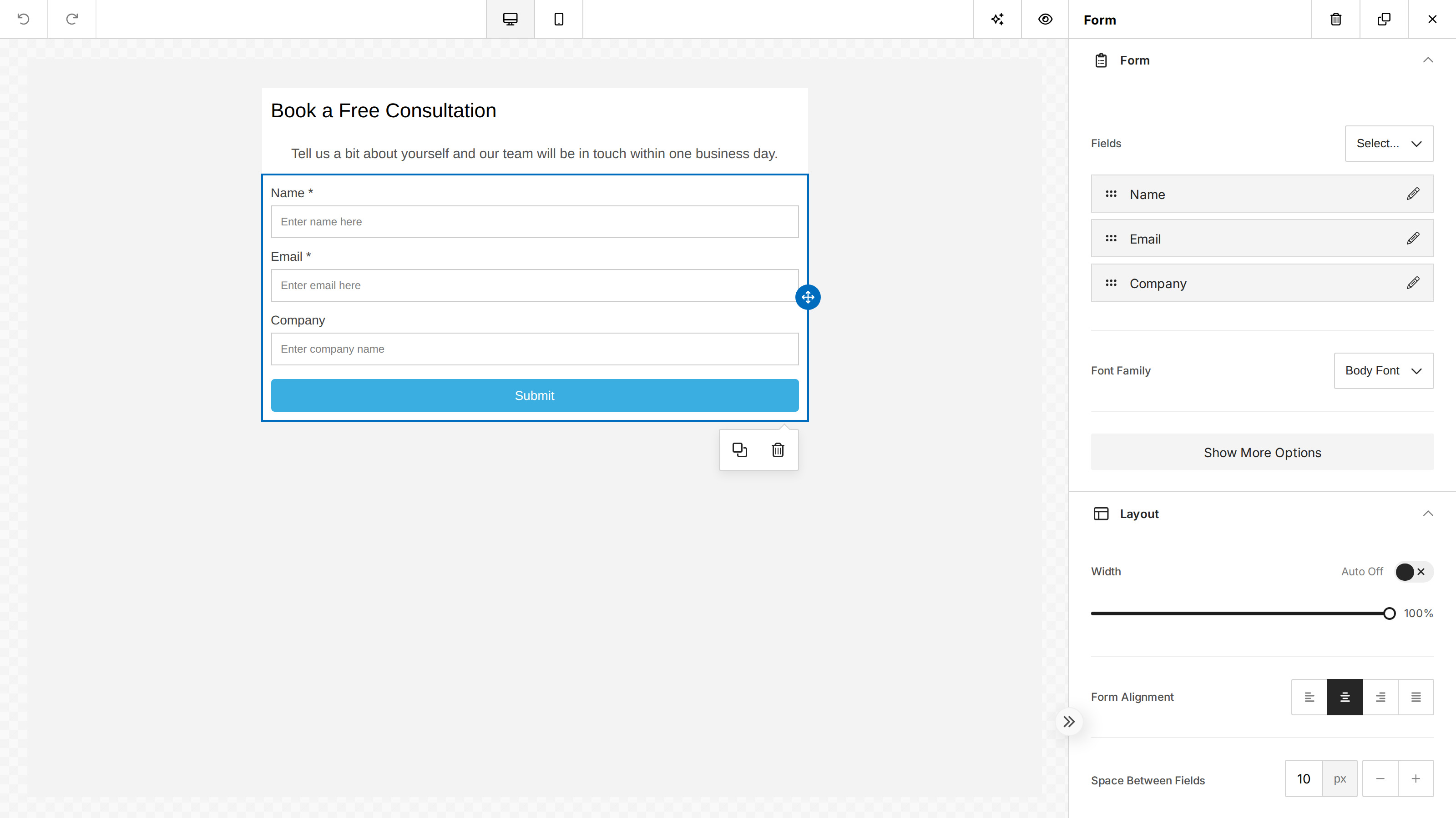 The Unlayer builder showing a Form content tool with name and email fields and a Subscribe button