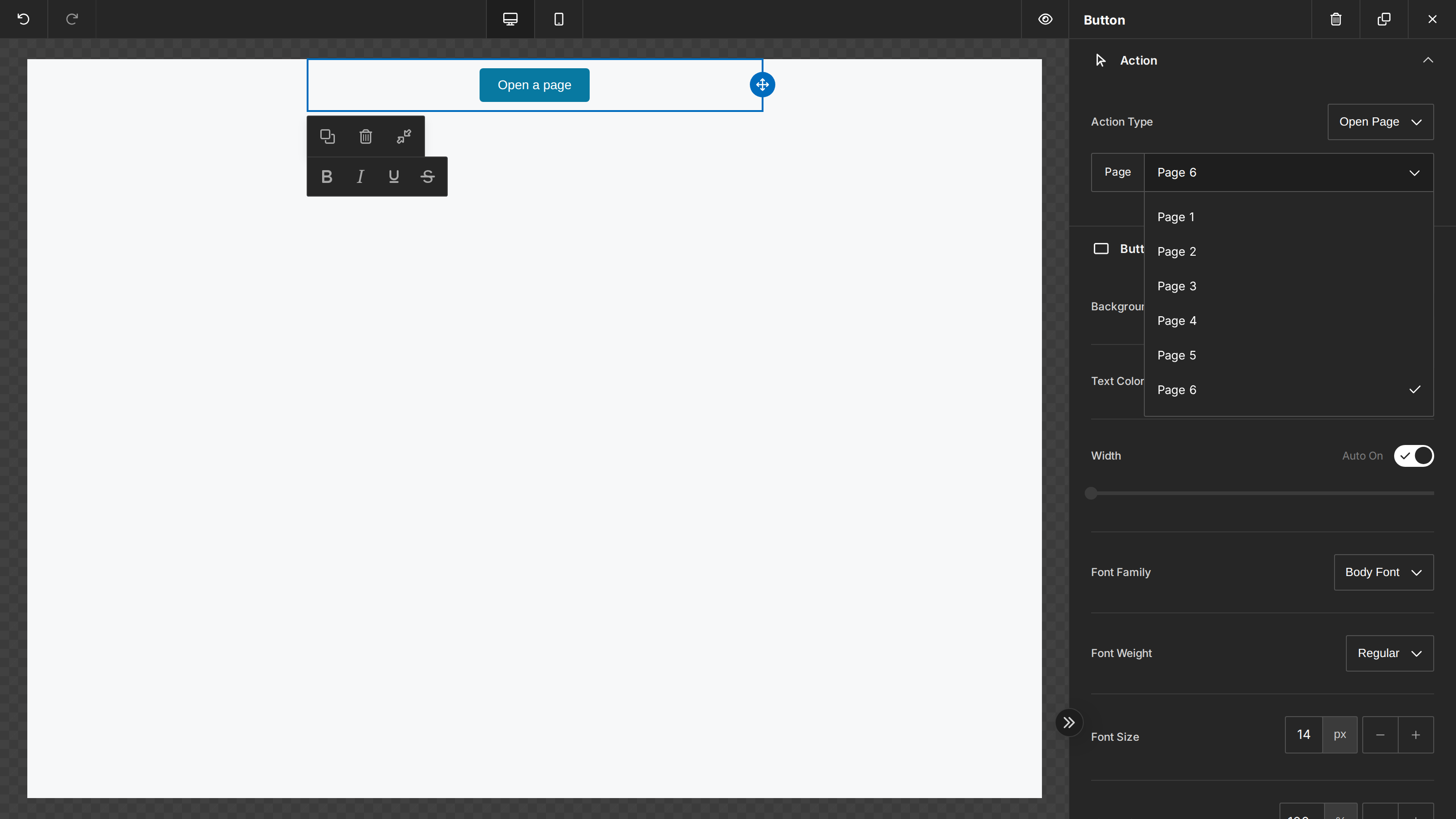 The Page dropdown showing all six configured pages after selecting Page 6