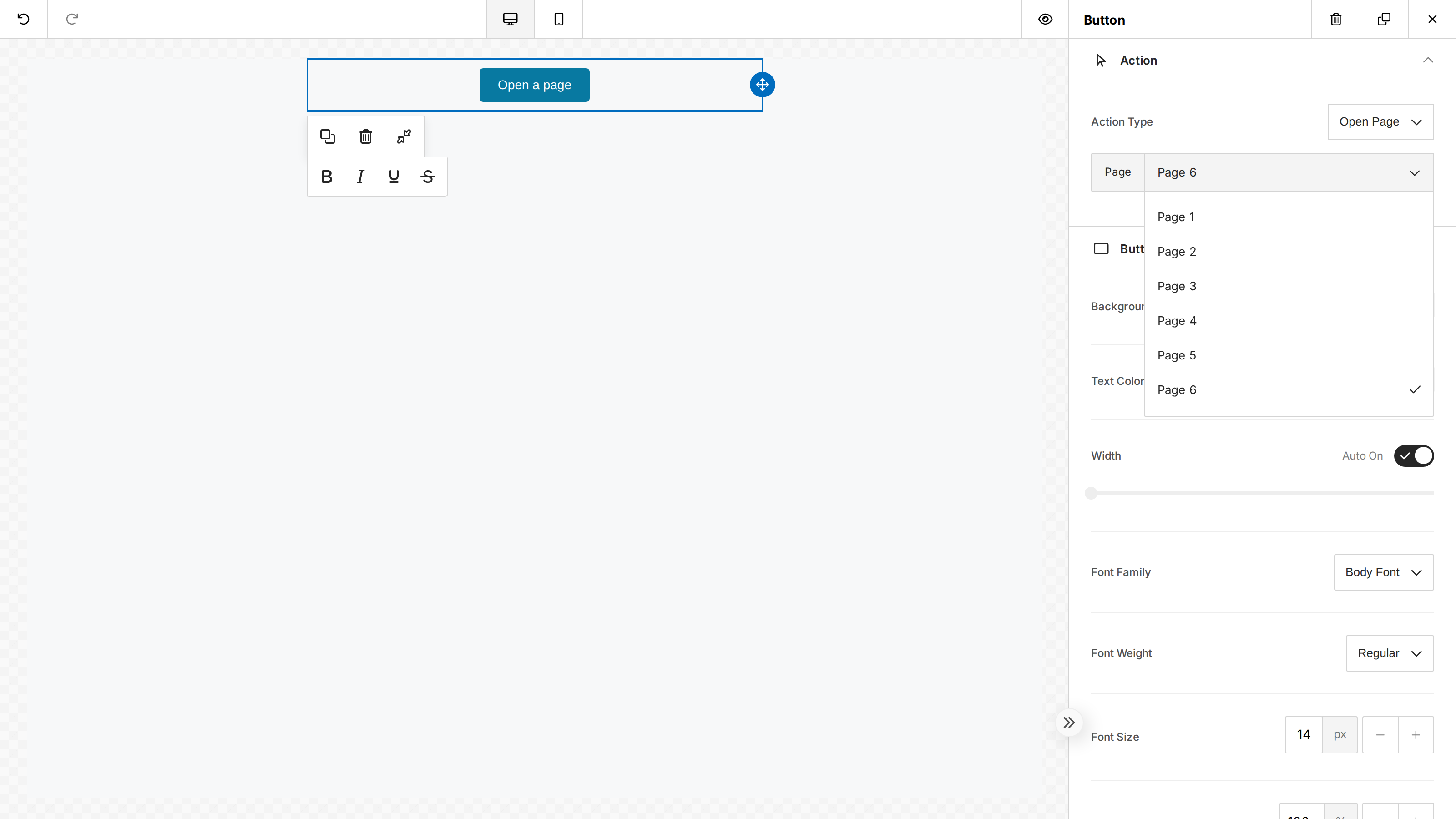 The Page dropdown showing all six configured pages after selecting Page 6