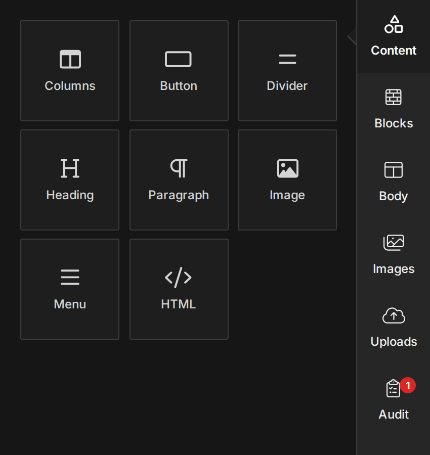 The builder tools panel — content tool cards (Columns, Button, Divider, Heading, …) alongside the tab rail