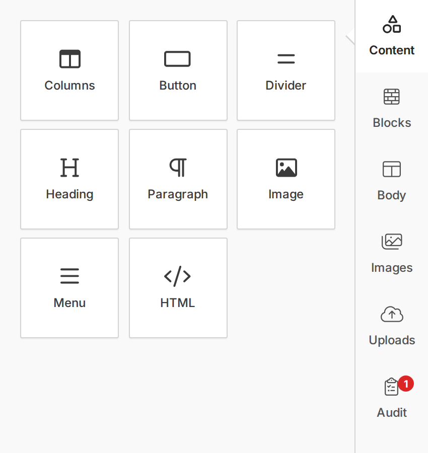 The builder tools panel — content tool cards (Columns, Button, Divider, Heading, …) alongside the tab rail