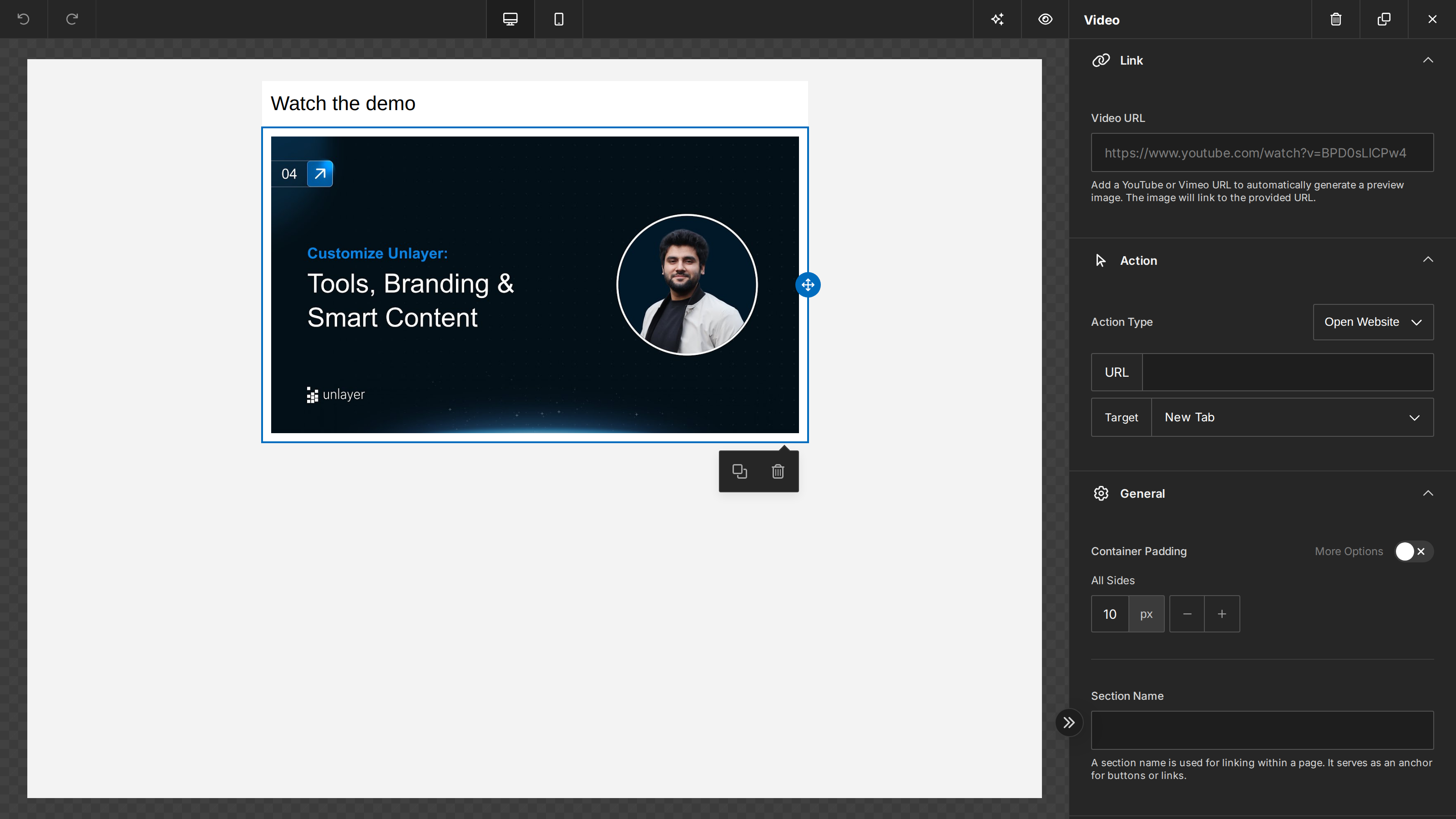 The Unlayer builder showing a Video content tool embedding a YouTube video