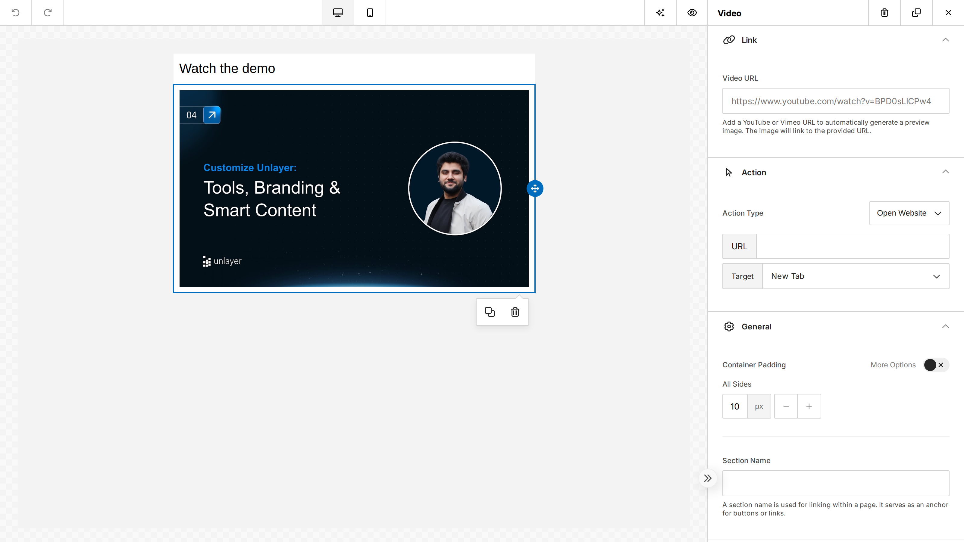 The Unlayer builder showing a Video content tool embedding a YouTube video