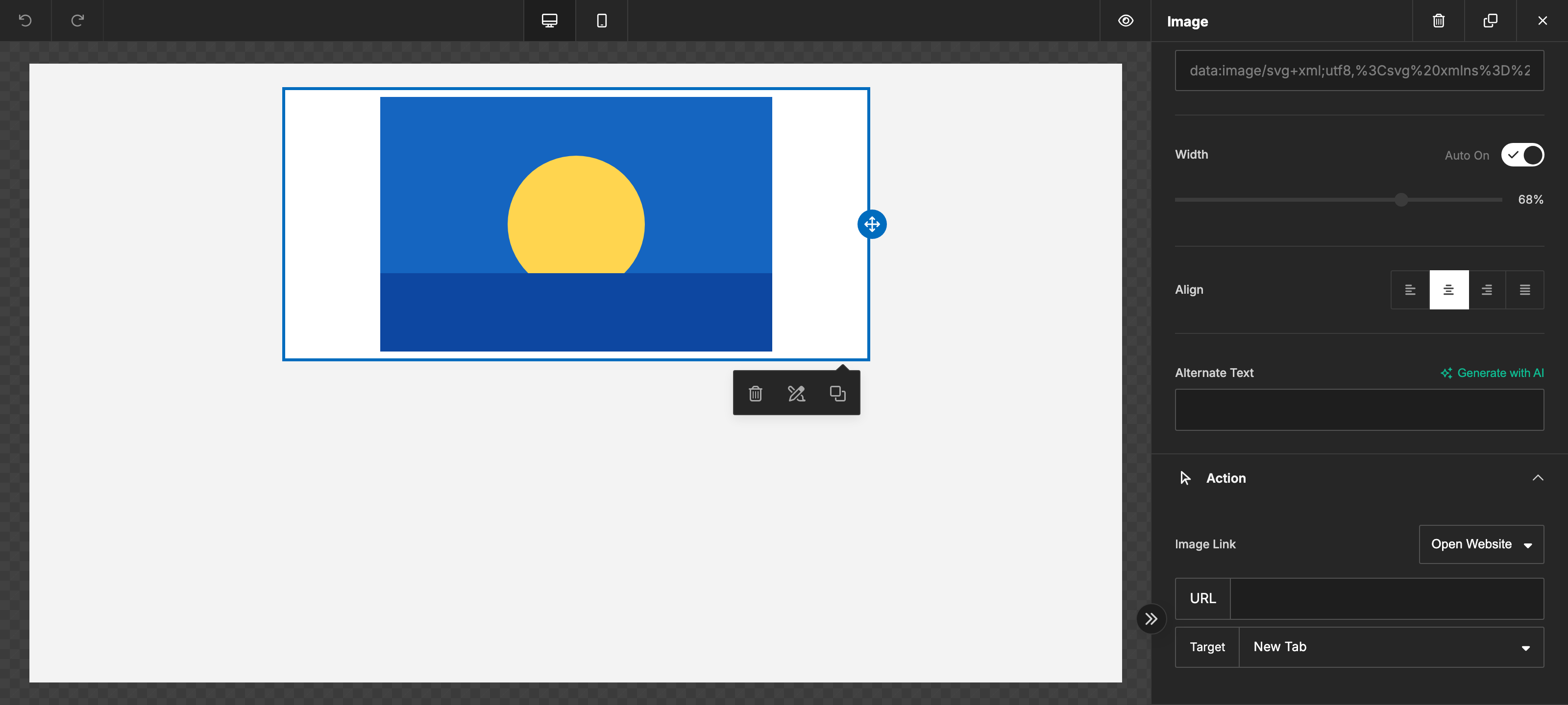 Image properties panel with the Alt Text field and a "Generate with AI" button next to it