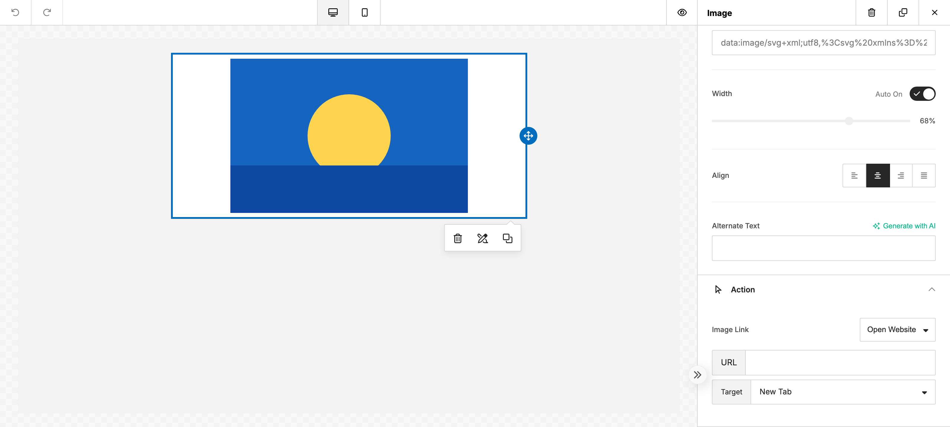 Image properties panel with the Alt Text field and a "Generate with AI" button next to it
