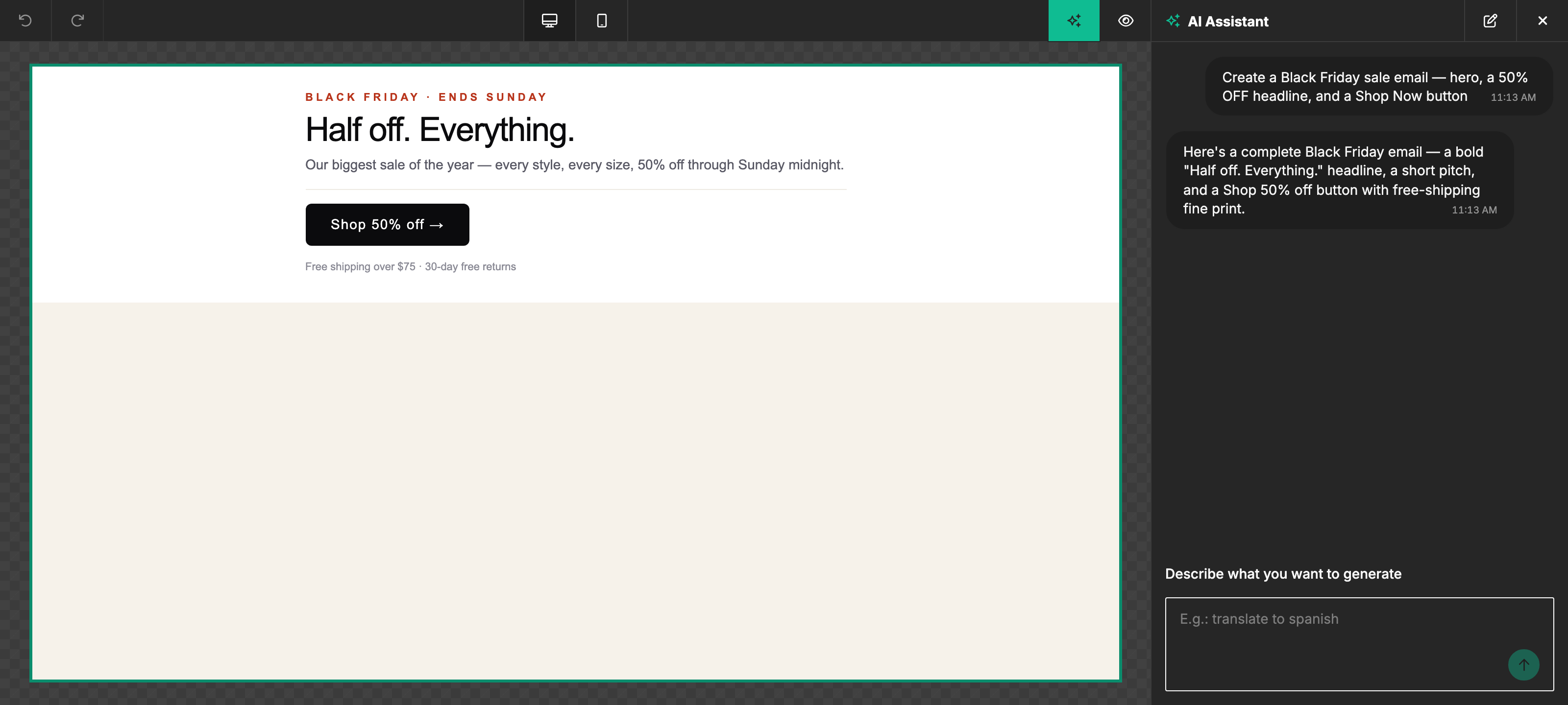 Screenshot of the Unlayer builder with the AI Assistant chat panel open at the Full Template scope — a prompt to generate a complete email sits in the input, an assistant response is shown, and the canvas in the center shows an email design