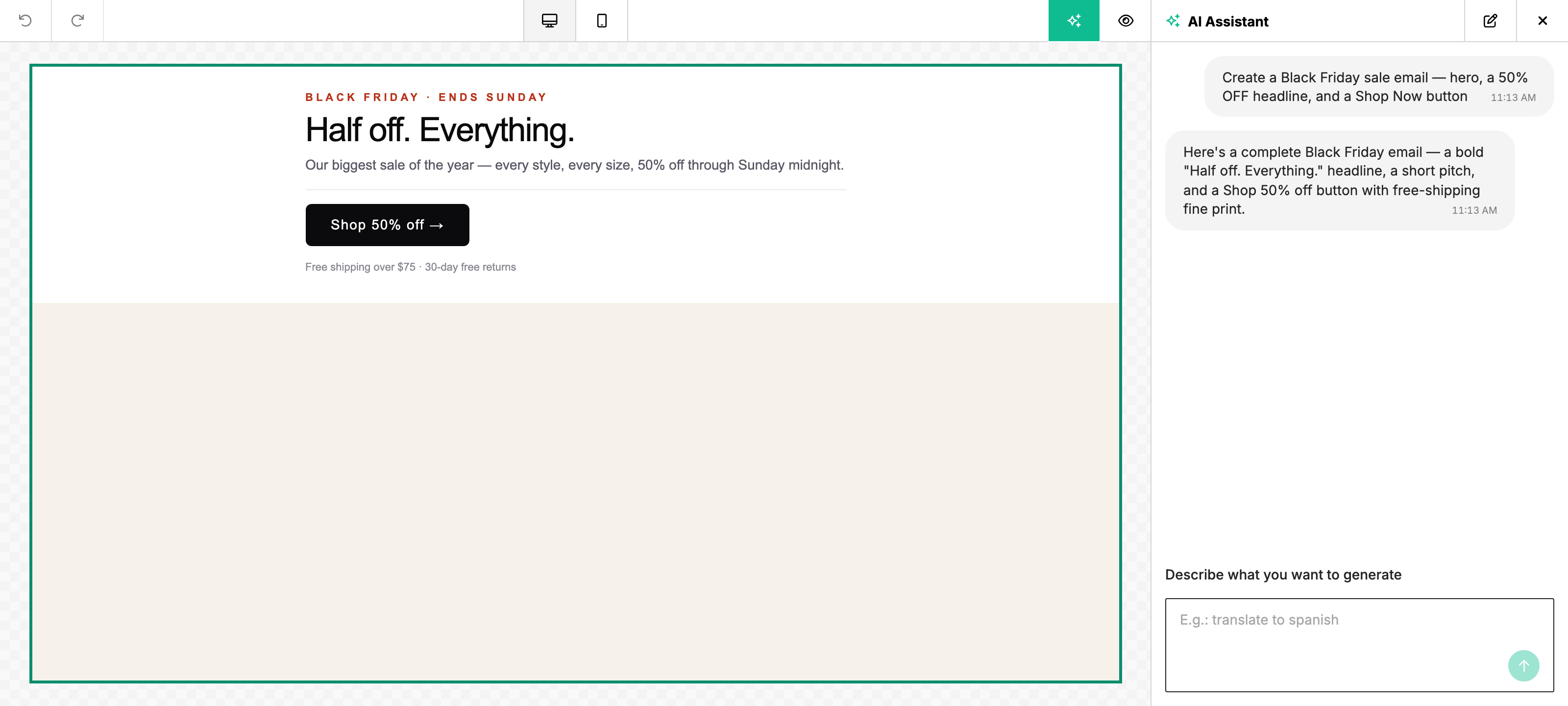 Screenshot of the Unlayer builder with the AI Assistant chat panel open at the Full Template scope — a prompt to generate a complete email sits in the input, an assistant response is shown, and the canvas in the center shows an email design