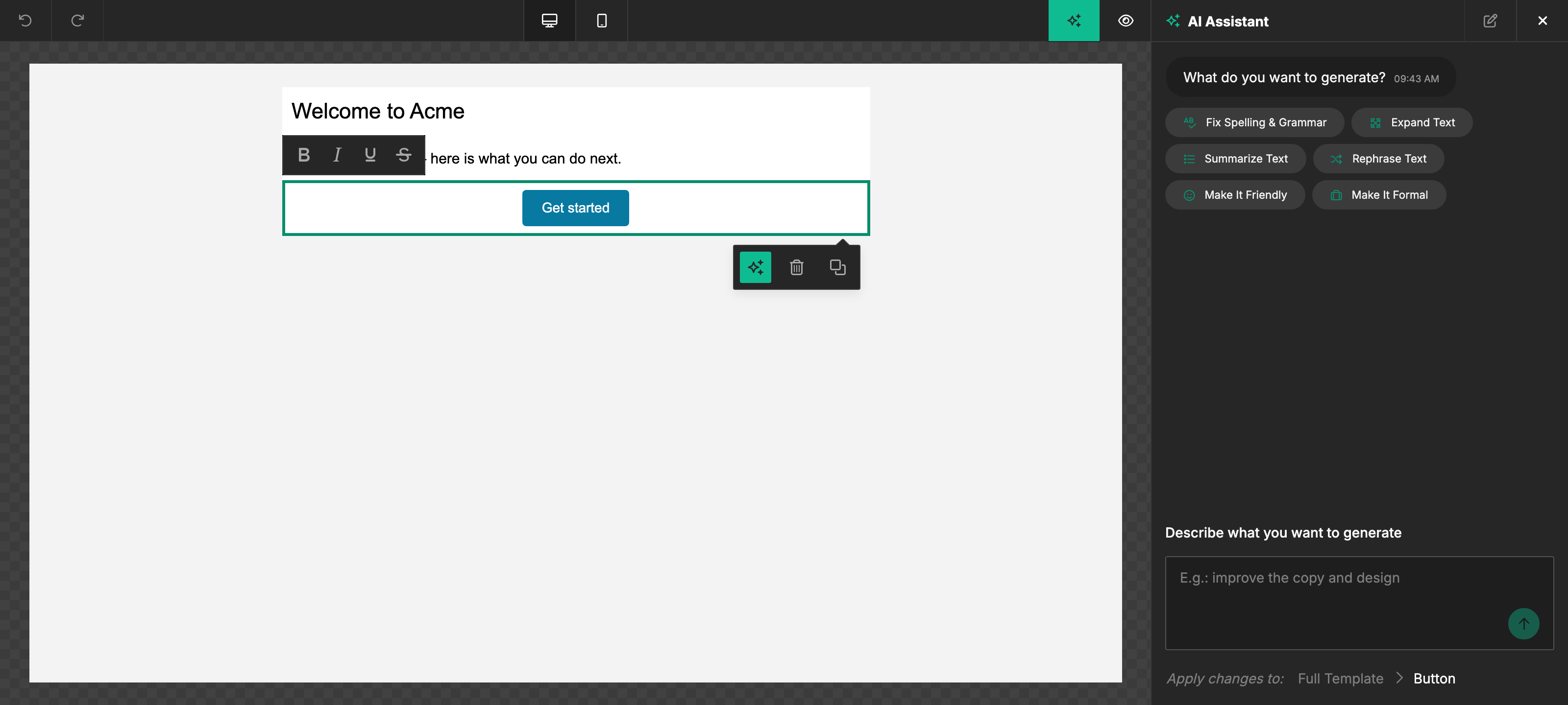 Editor with the AI Assistant chat panel open on the side of the canvas, showing the chat thread and quick-action chips