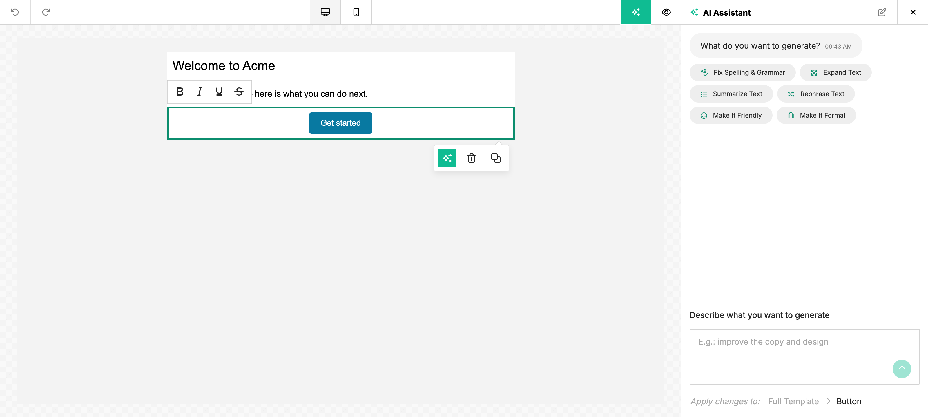 Editor with the AI Assistant chat panel open on the side of the canvas, showing the chat thread and quick-action chips