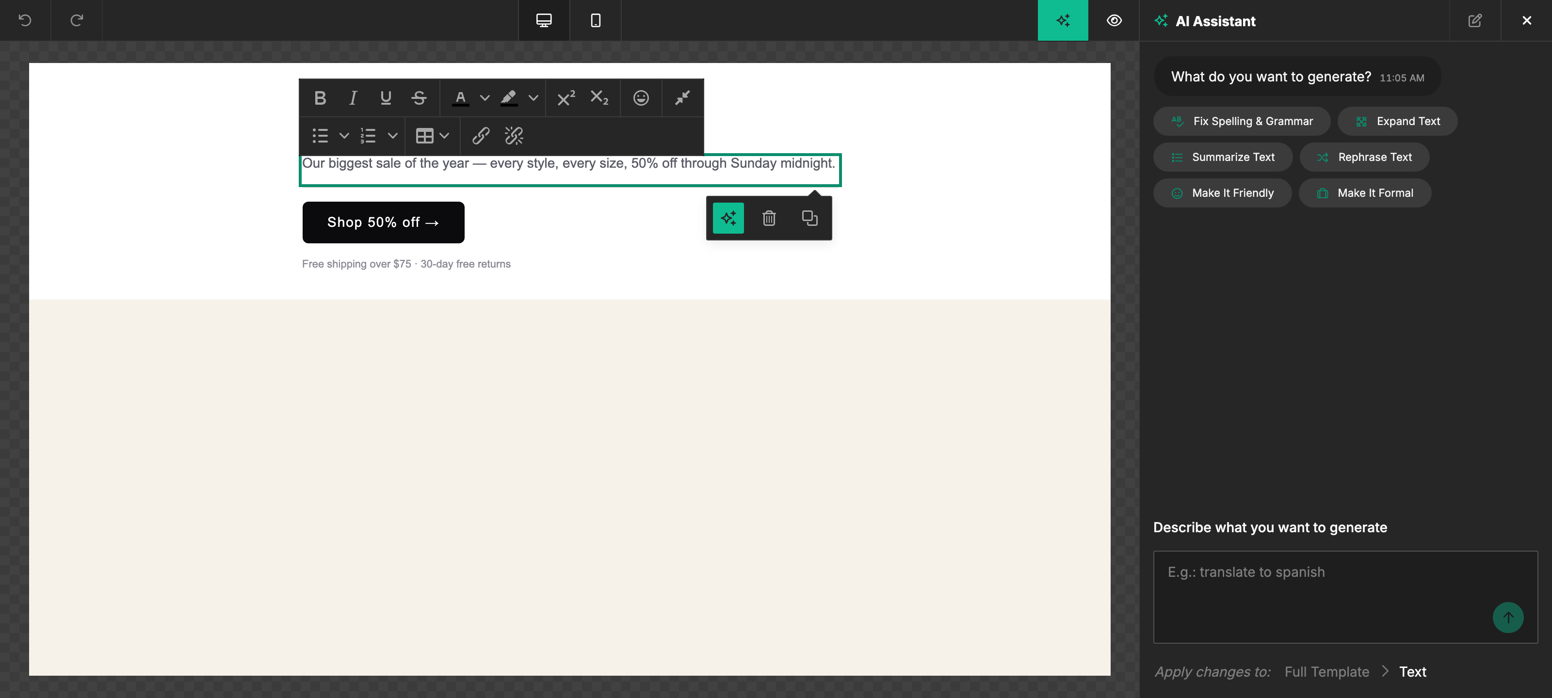 AI Assistant quick-action chips for a selected paragraph — Fix Spelling & Grammar, Summarize Text, Expand Text, Make It Friendly, Make It Formal