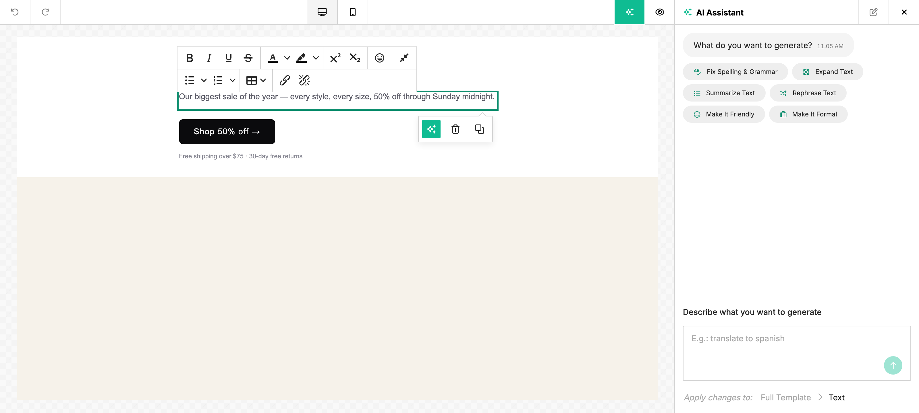 AI Assistant quick-action chips for a selected paragraph — Fix Spelling & Grammar, Summarize Text, Expand Text, Make It Friendly, Make It Formal