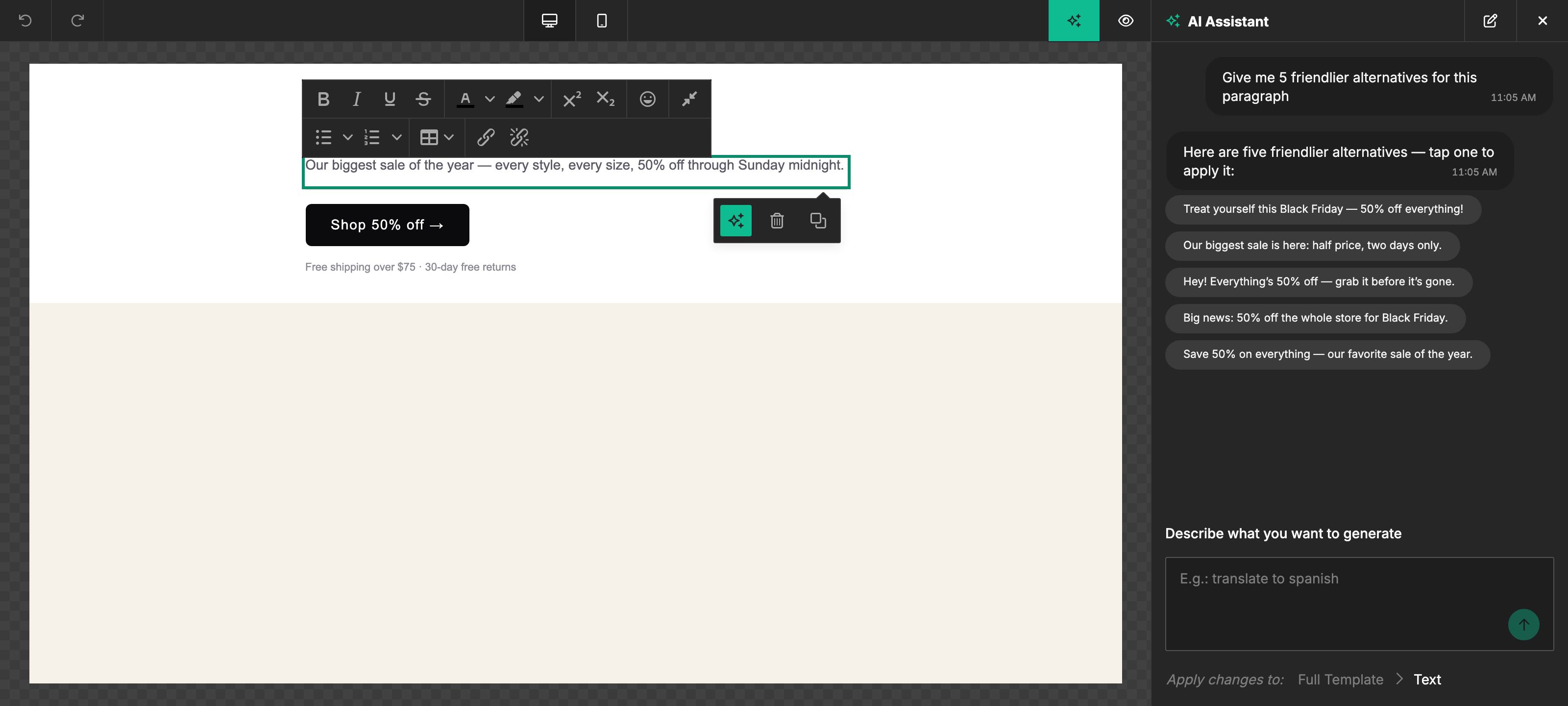 AI Assistant chat reply showing five clickable pill buttons, each an alternative rewrite of the selected paragraph
