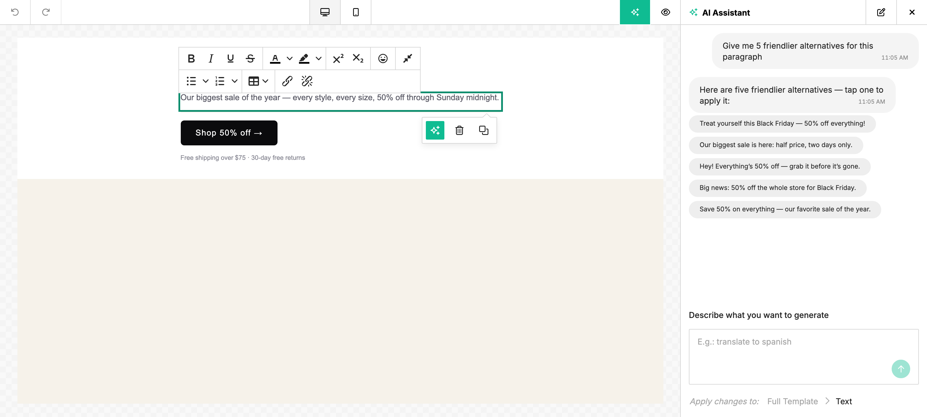 AI Assistant chat reply showing five clickable pill buttons, each an alternative rewrite of the selected paragraph