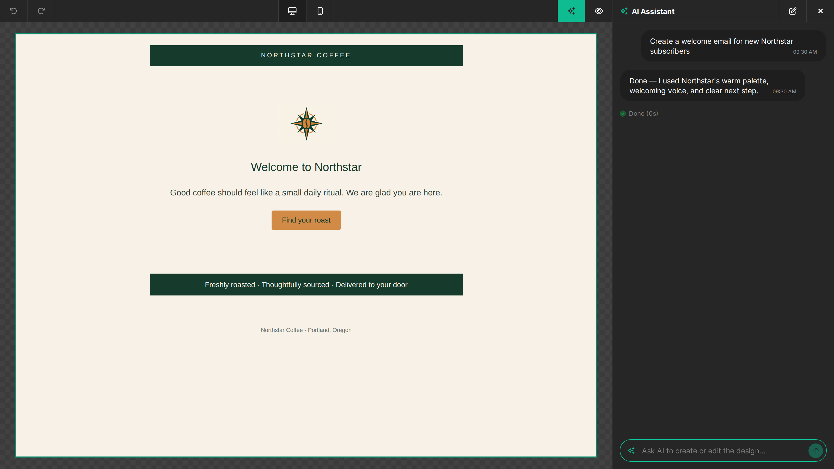 AI Assistant using Brand Context to create a welcome email in Northstar Coffee colors and voice
