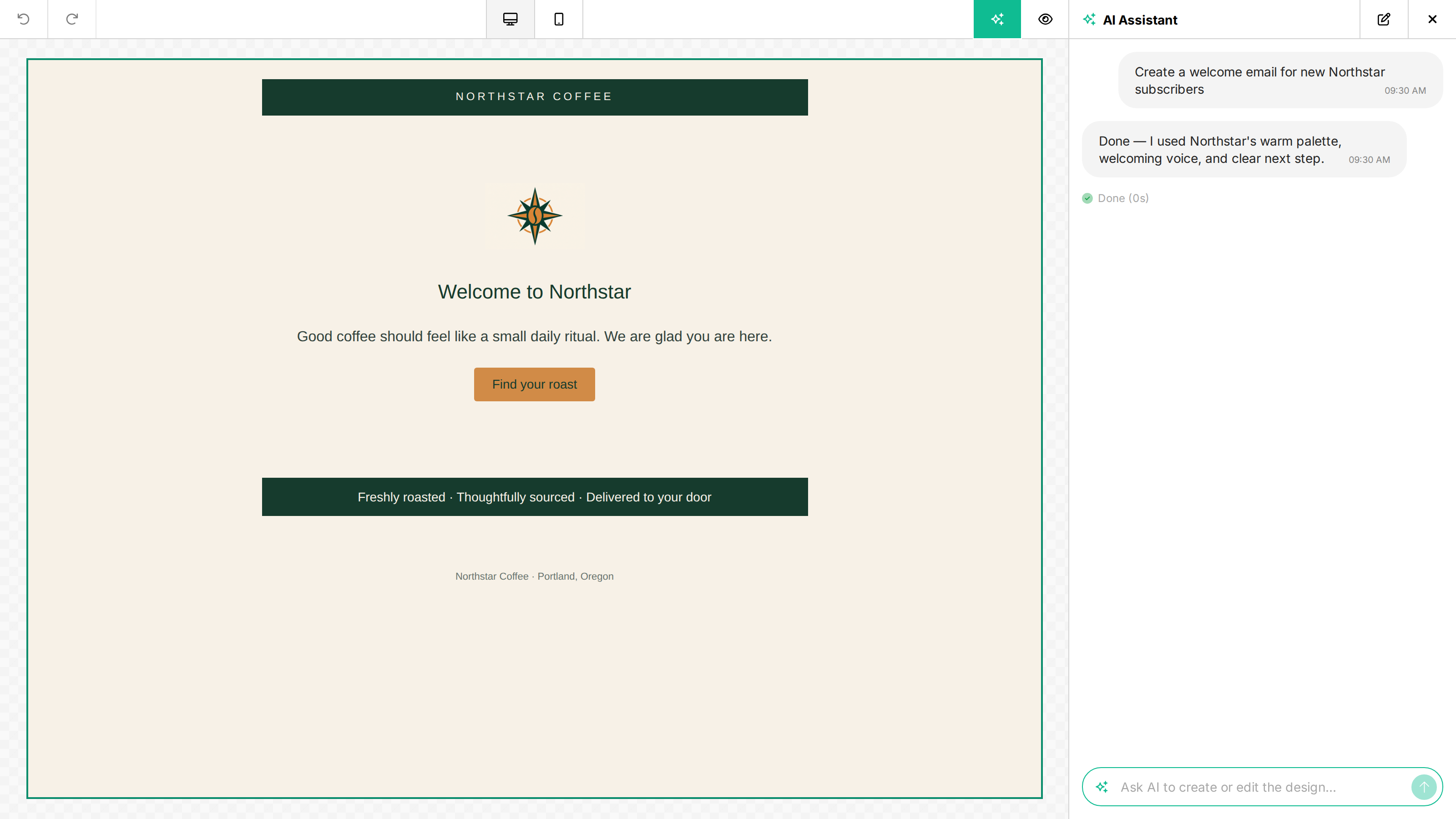 AI Assistant using Brand Context to create a welcome email in Northstar Coffee colors and voice