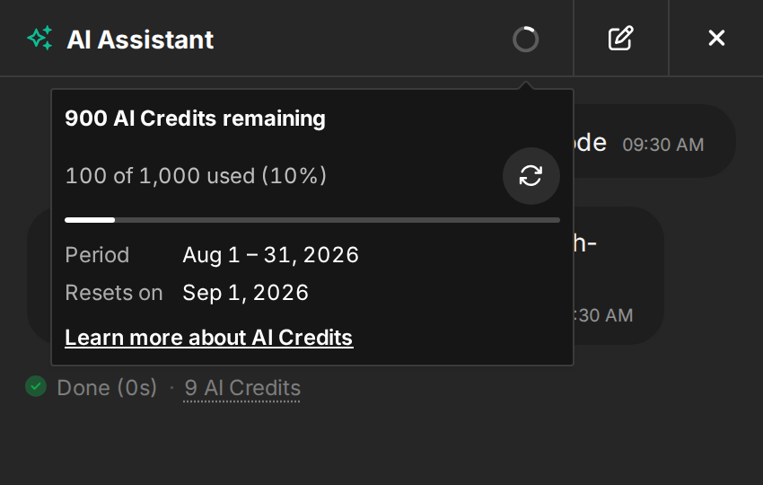 AI Assistant header with an AI Credits balance indicator and a hover popover showing used and remaining credits, the current period start, and reset date
