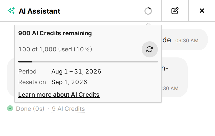 AI Assistant header with an AI Credits balance indicator and a hover popover showing used and remaining credits, the current period start, and reset date