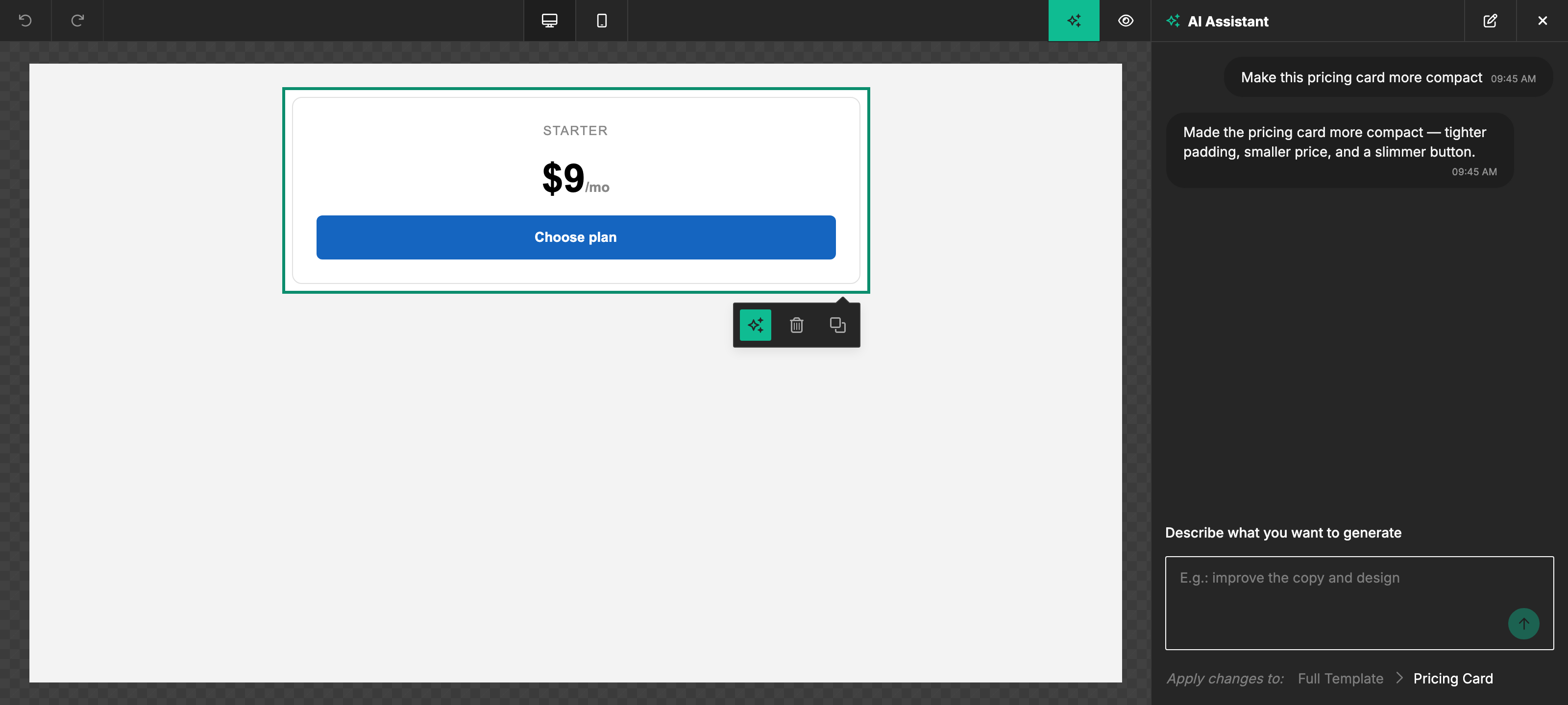 An AI-aware custom content block (a pricing card) selected with the AI Assistant chat open and editing it