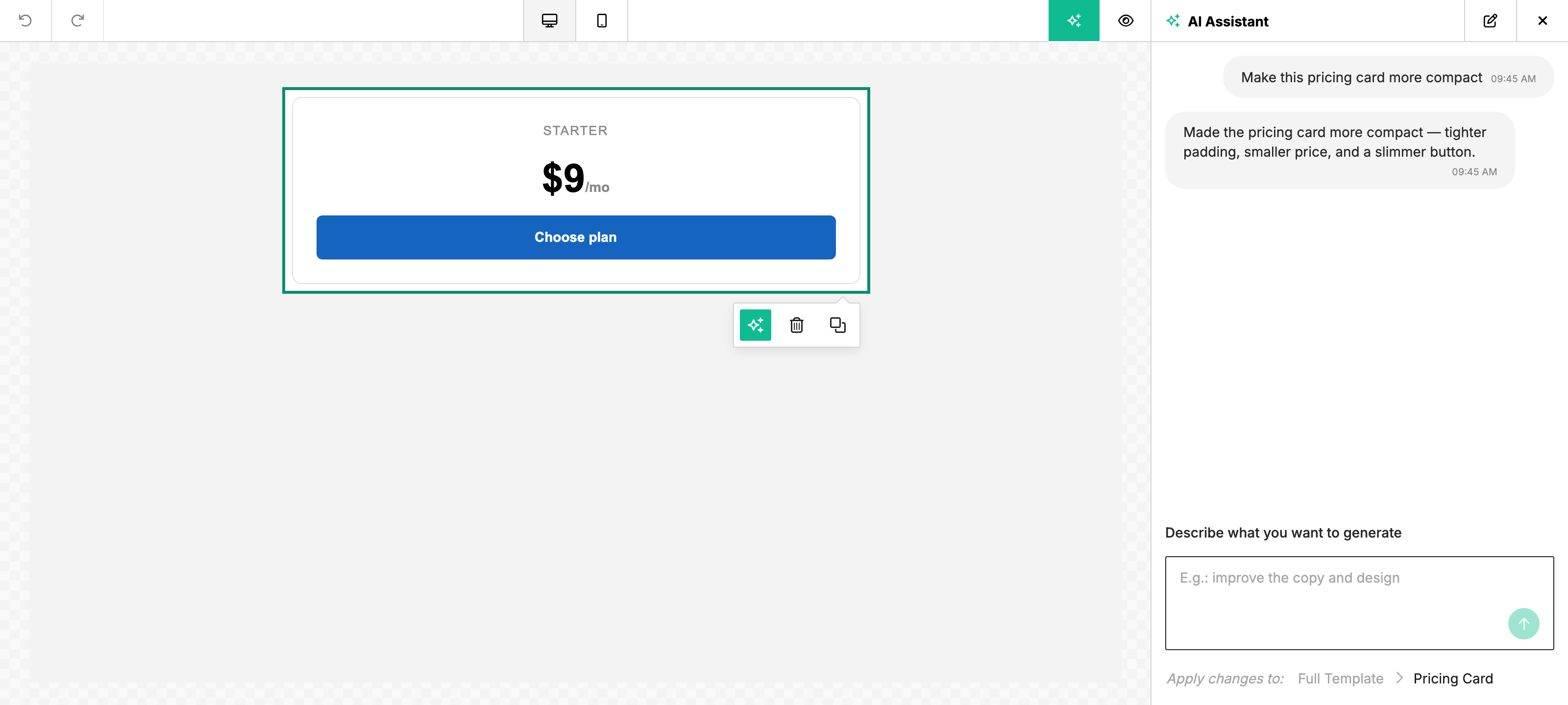 An AI-aware custom content block (a pricing card) selected with the AI Assistant chat open and editing it