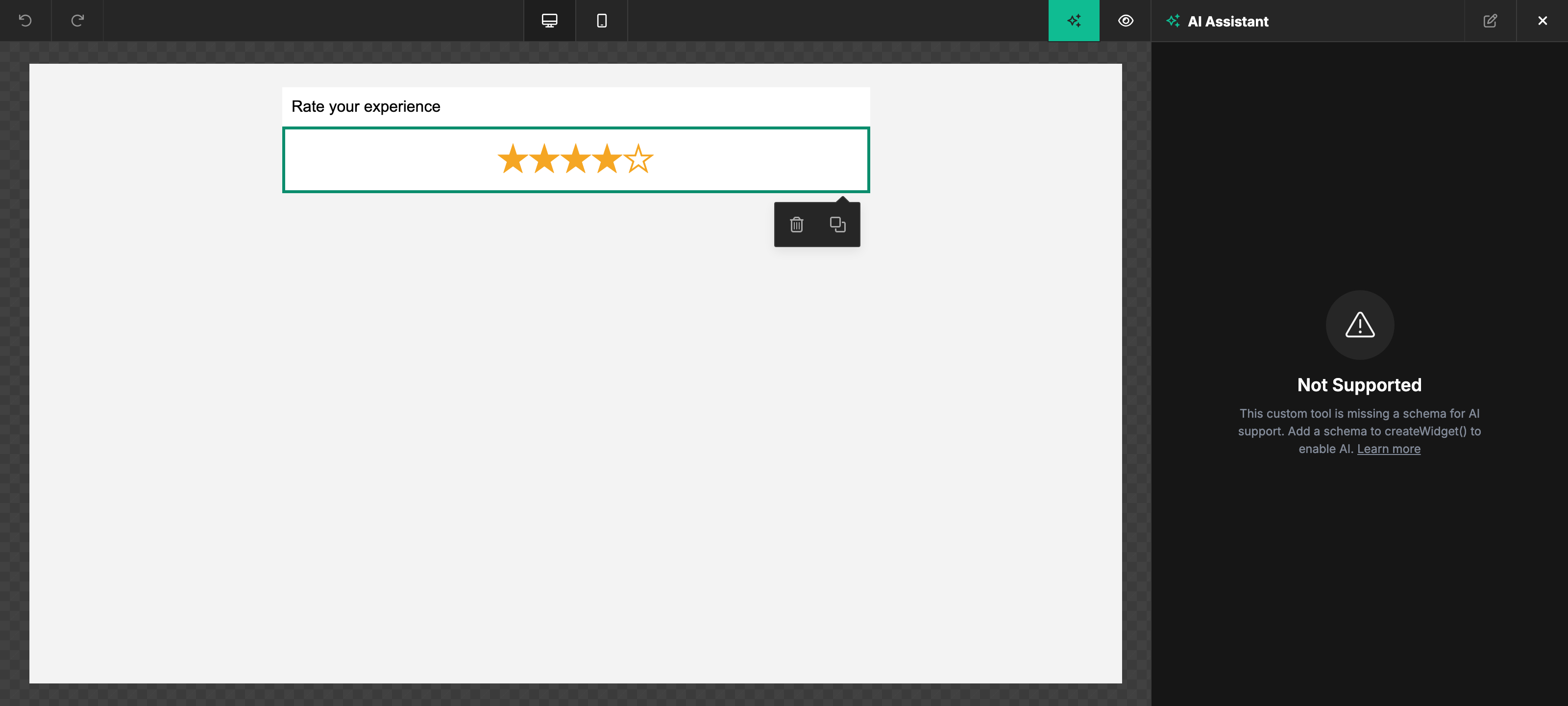 A custom-widget tool selected with the AI Assistant showing that the tool is missing a schema for AI support