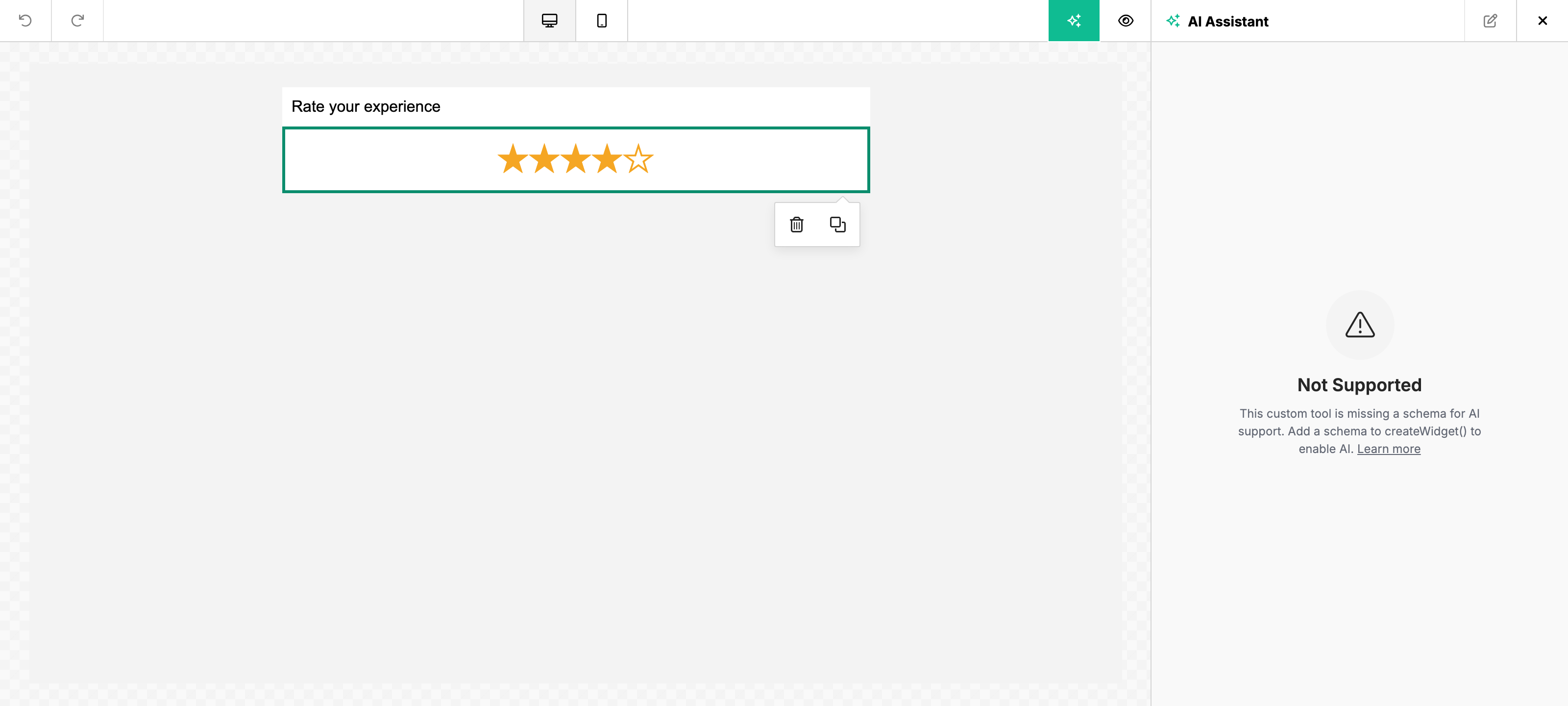 A custom-widget tool selected with the AI Assistant showing that the tool is missing a schema for AI support