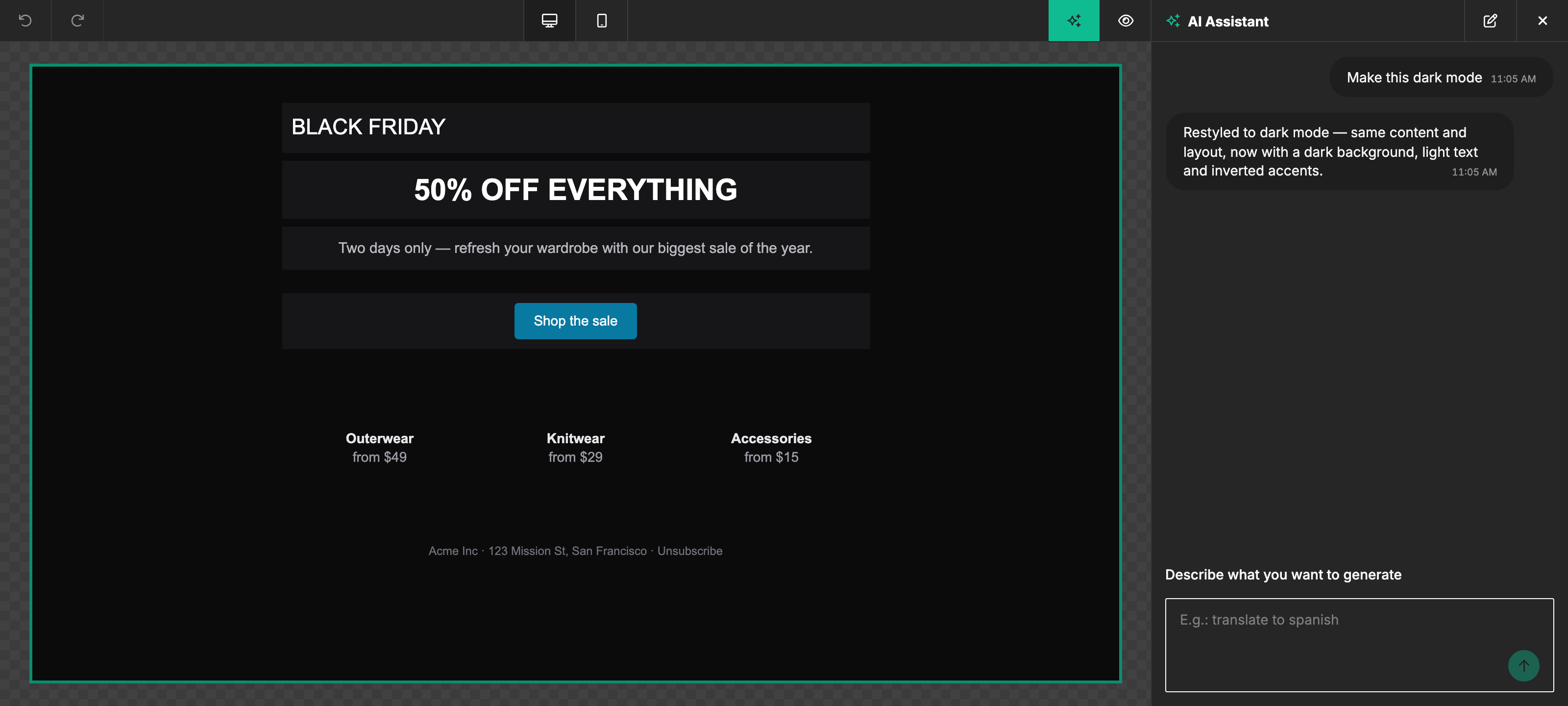 AI Assistant after a "make it dark mode" request — the email restyled with a dark background, light text and inverted accents, same content and layout