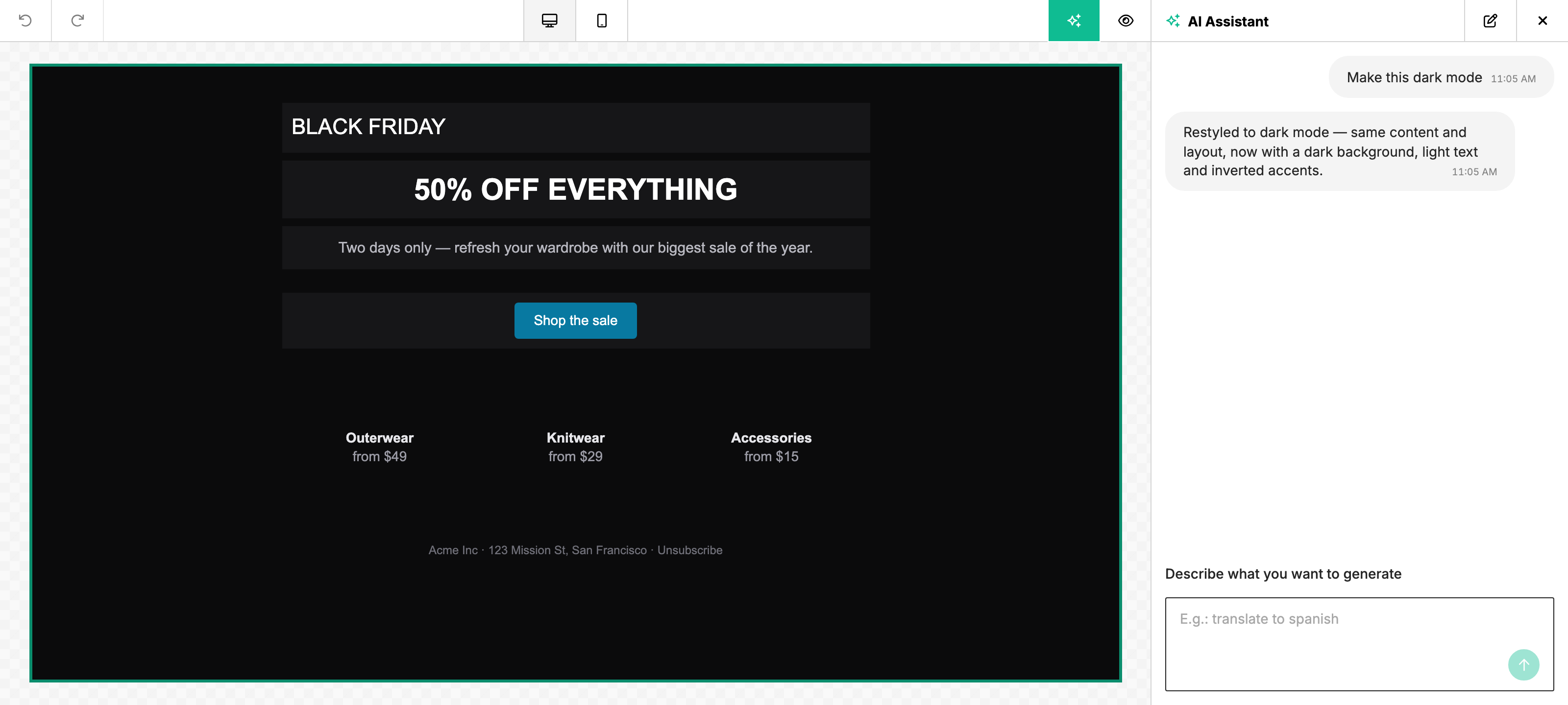 AI Assistant after a "make it dark mode" request — the email restyled with a dark background, light text and inverted accents, same content and layout