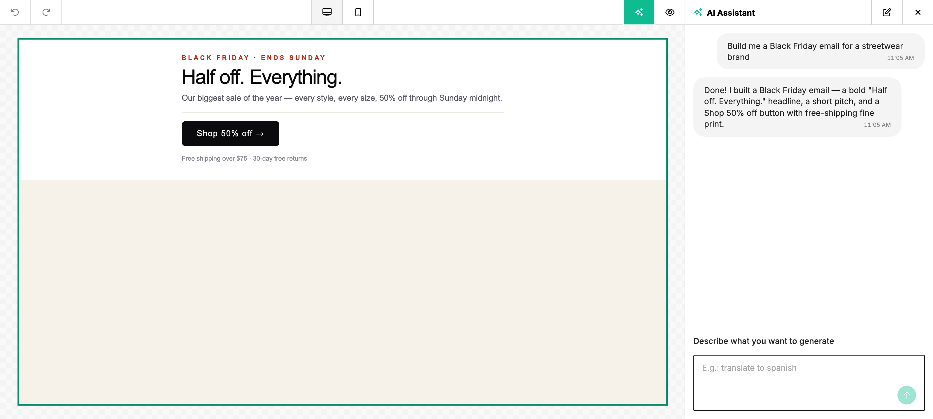 AI Assistant chat panel beside a finished, generated Black Friday email — a "Half off. Everything." headline, a short pitch and a Shop 50% off button