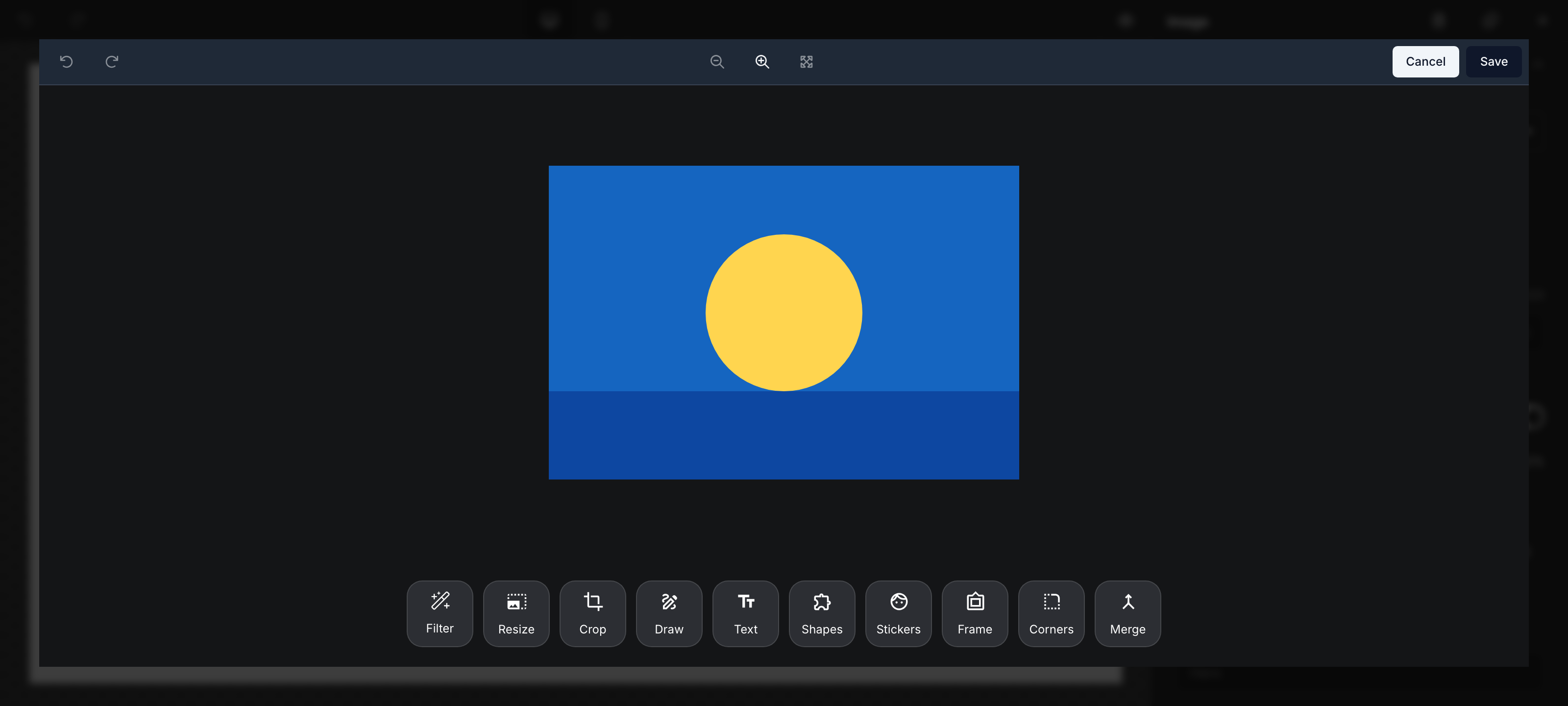 The Image Editor open over a selected image, showing the editing tool rail (Filter, Resize, Crop, Draw, Text, Shapes, Stickers, Frame, Corners, Merge)