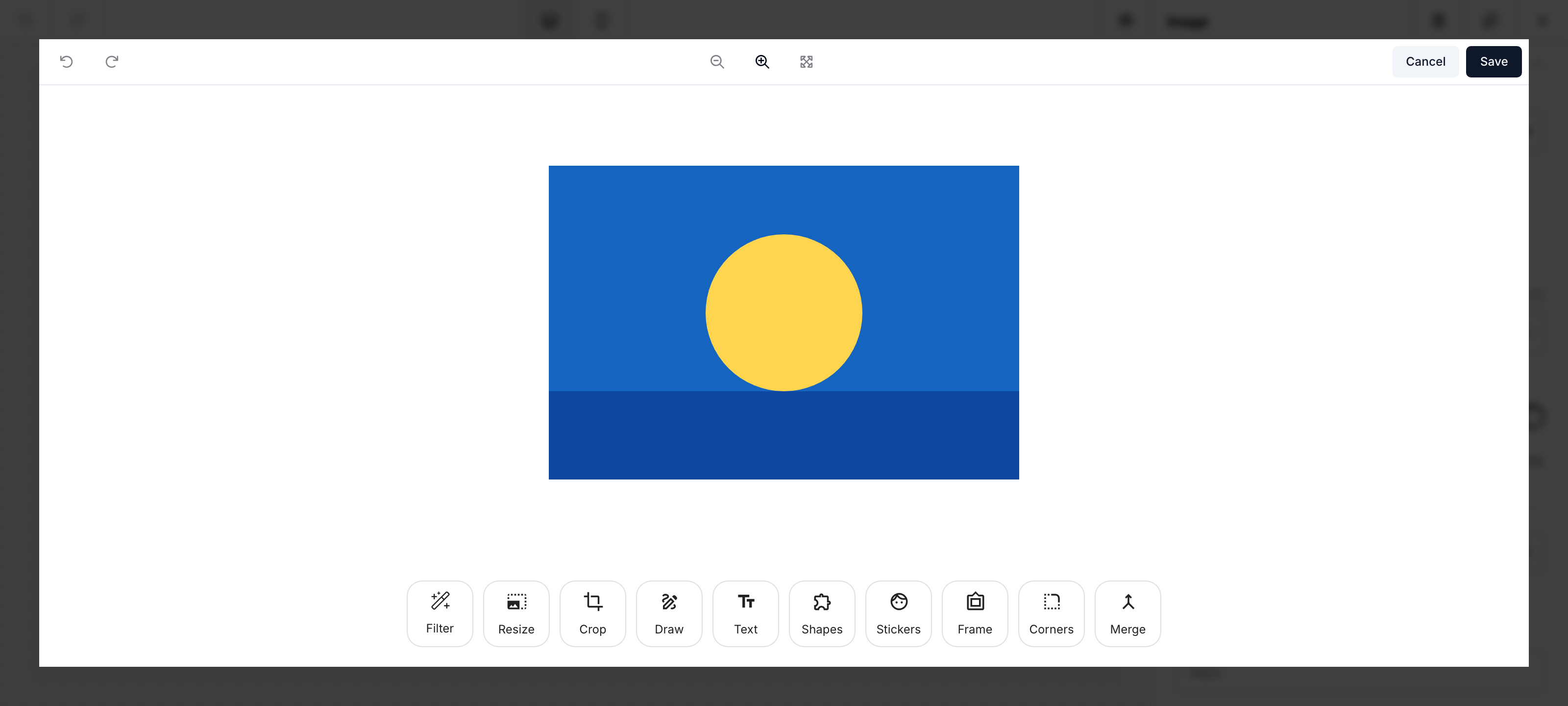 The Image Editor open over a selected image, showing the editing tool rail (Filter, Resize, Crop, Draw, Text, Shapes, Stickers, Frame, Corners, Merge)