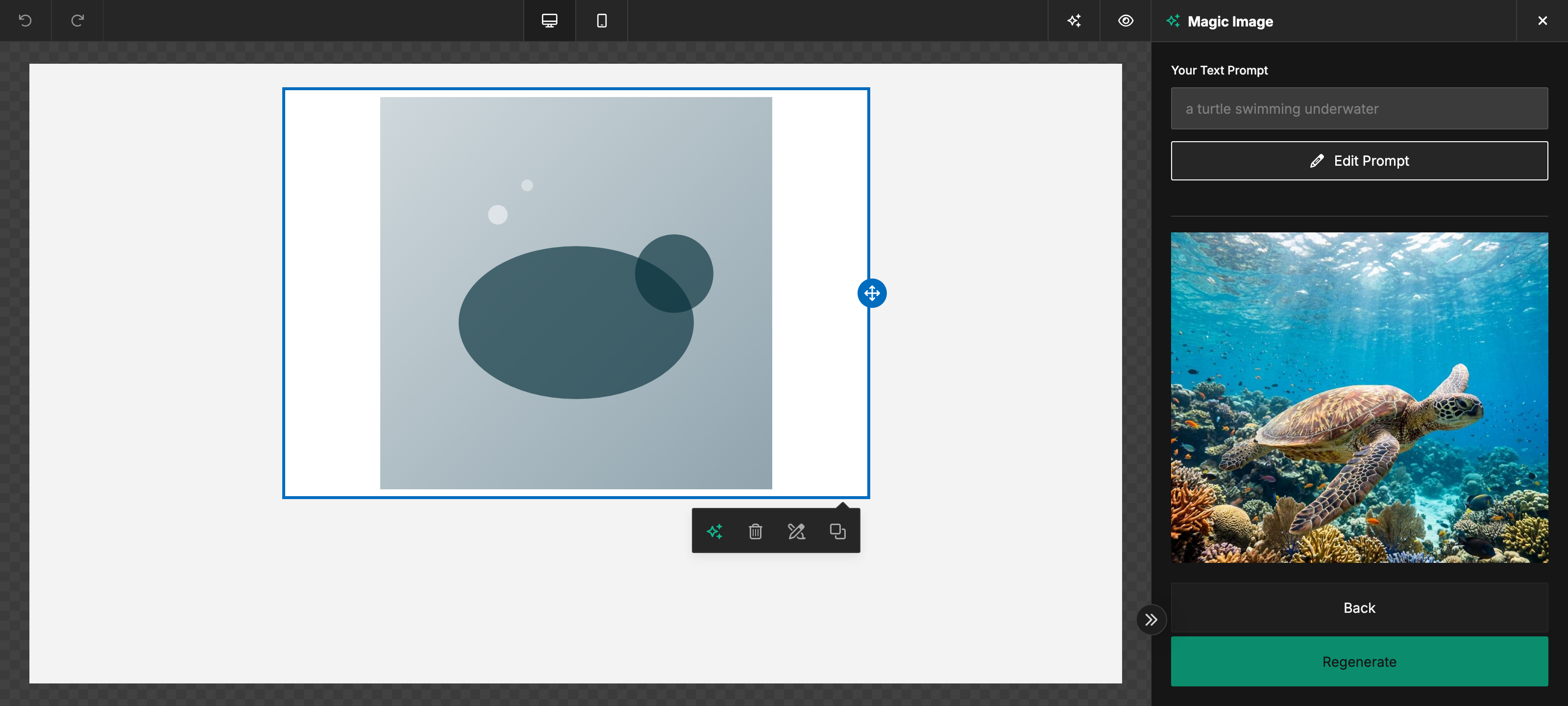 Image generation panel with a prompt, a style picker row, and a grid of AI-generated candidate images