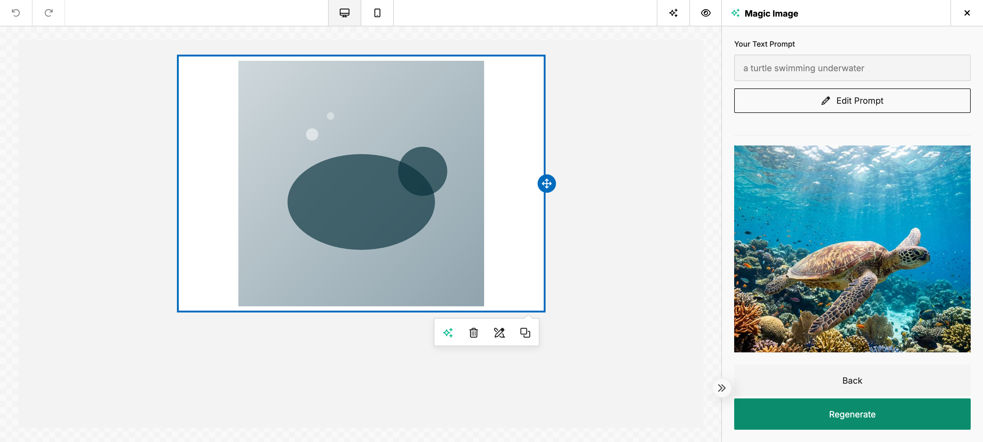 Image generation panel with a prompt, a style picker row, and a grid of AI-generated candidate images
