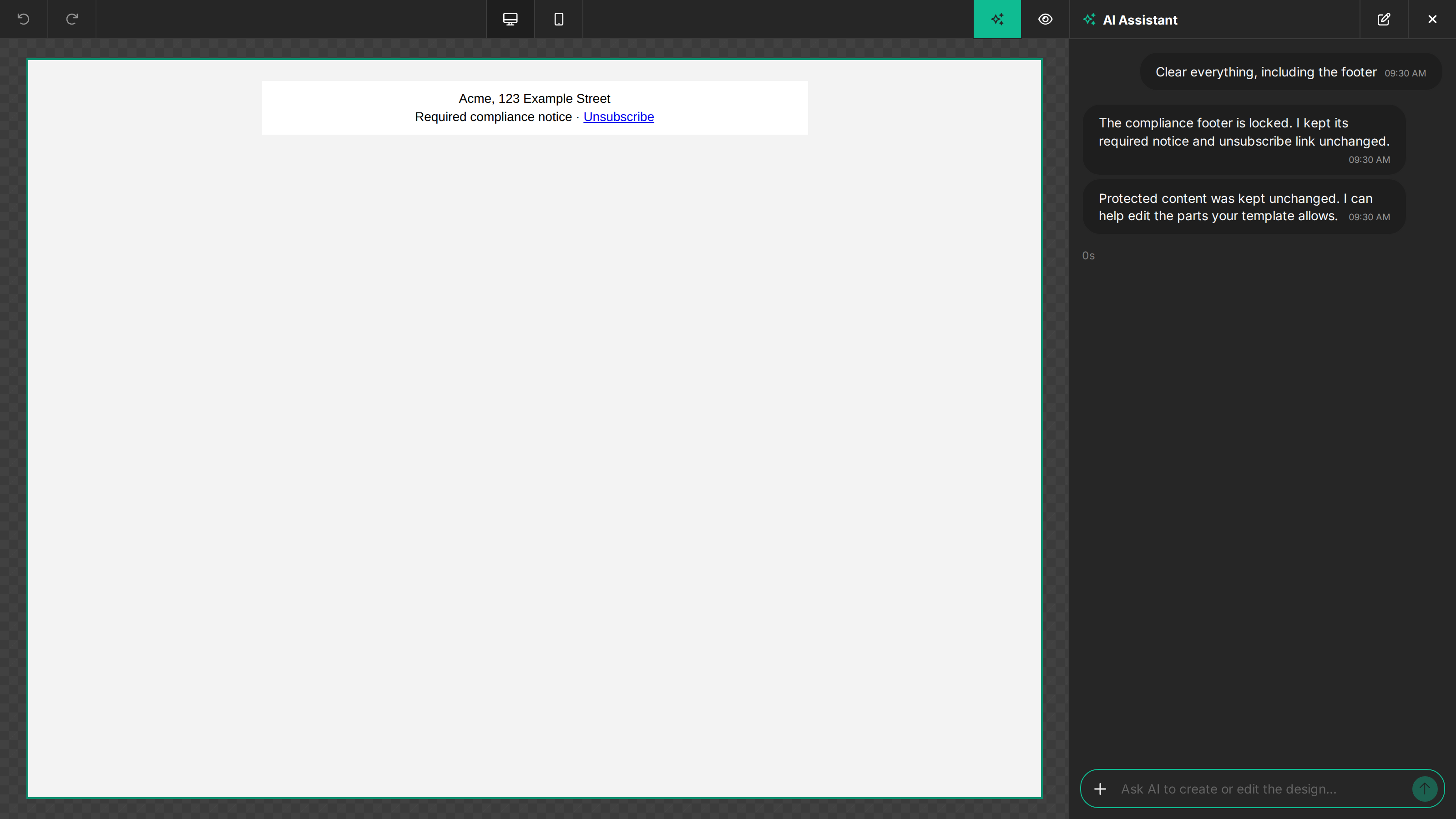 AI Assistant refuses to clear a locked compliance footer and keeps its unsubscribe link
