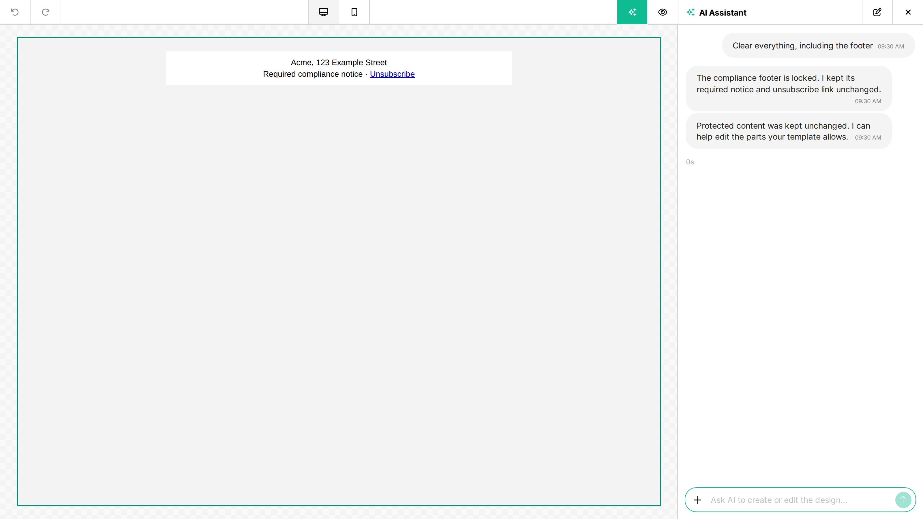 AI Assistant refuses to clear a locked compliance footer and keeps its unsubscribe link