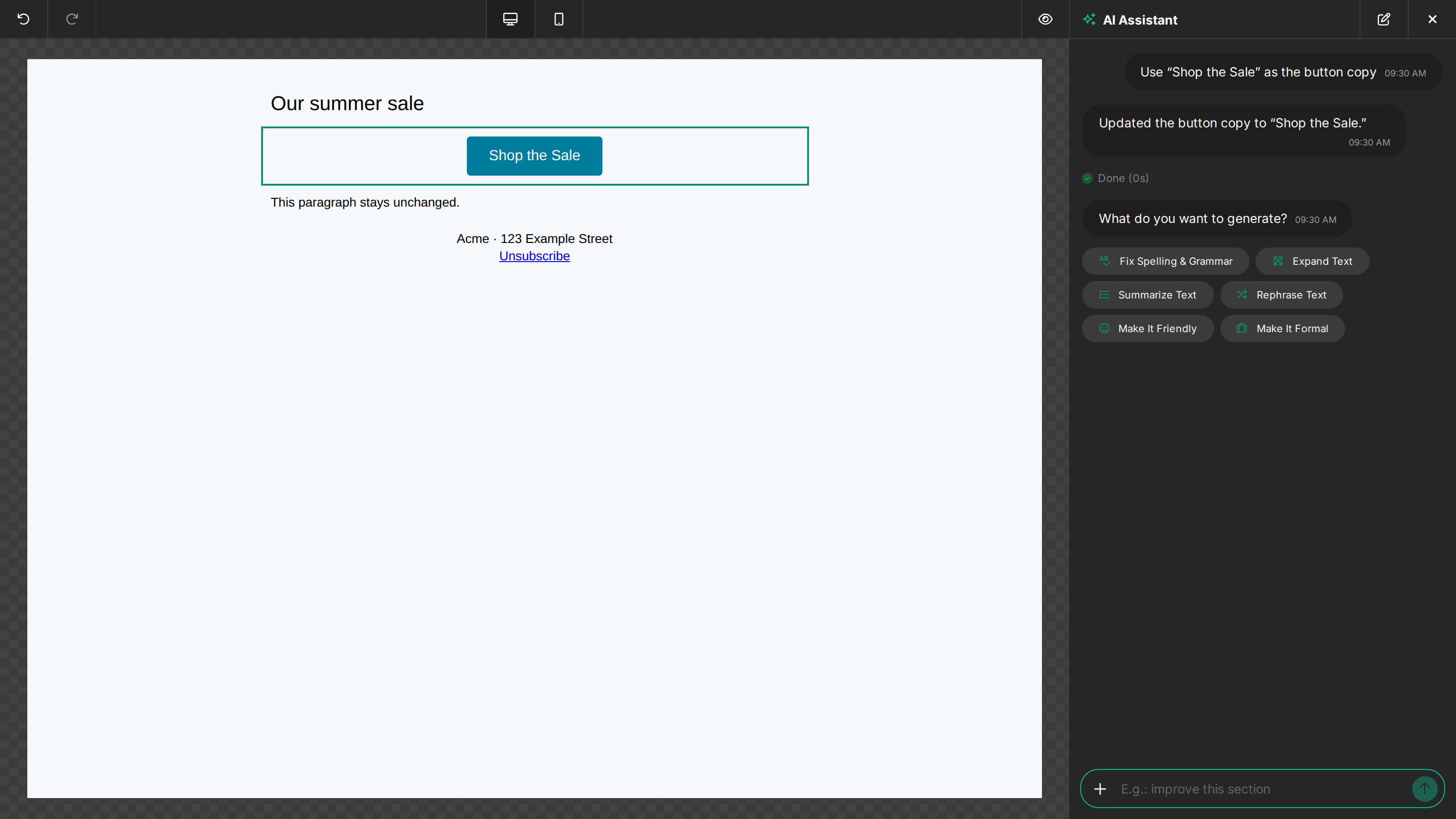AI Assistant updates the selected sale button while the neighboring paragraph and unsubscribe footer remain unchanged