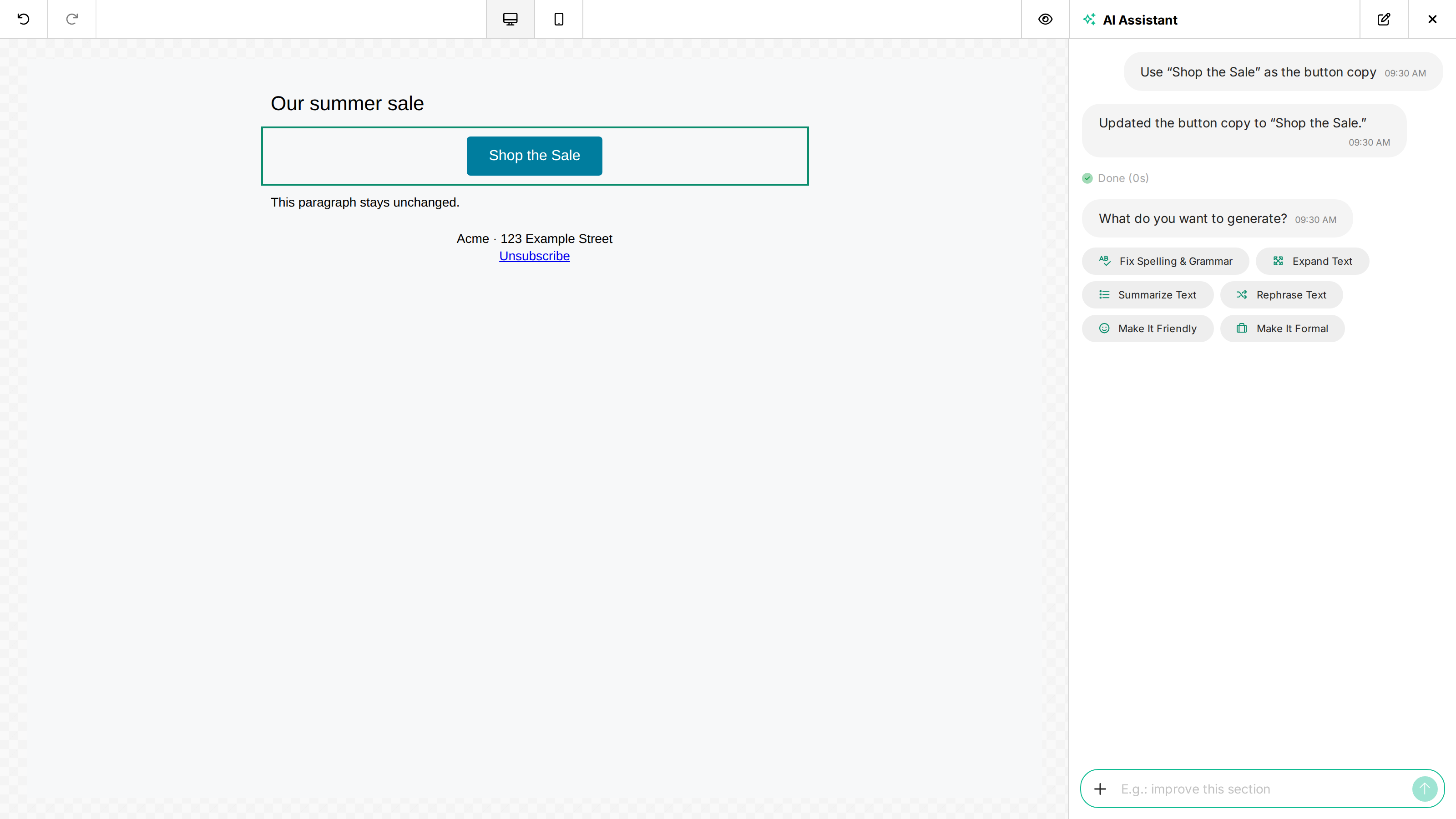 AI Assistant updates the selected sale button while the neighboring paragraph and unsubscribe footer remain unchanged