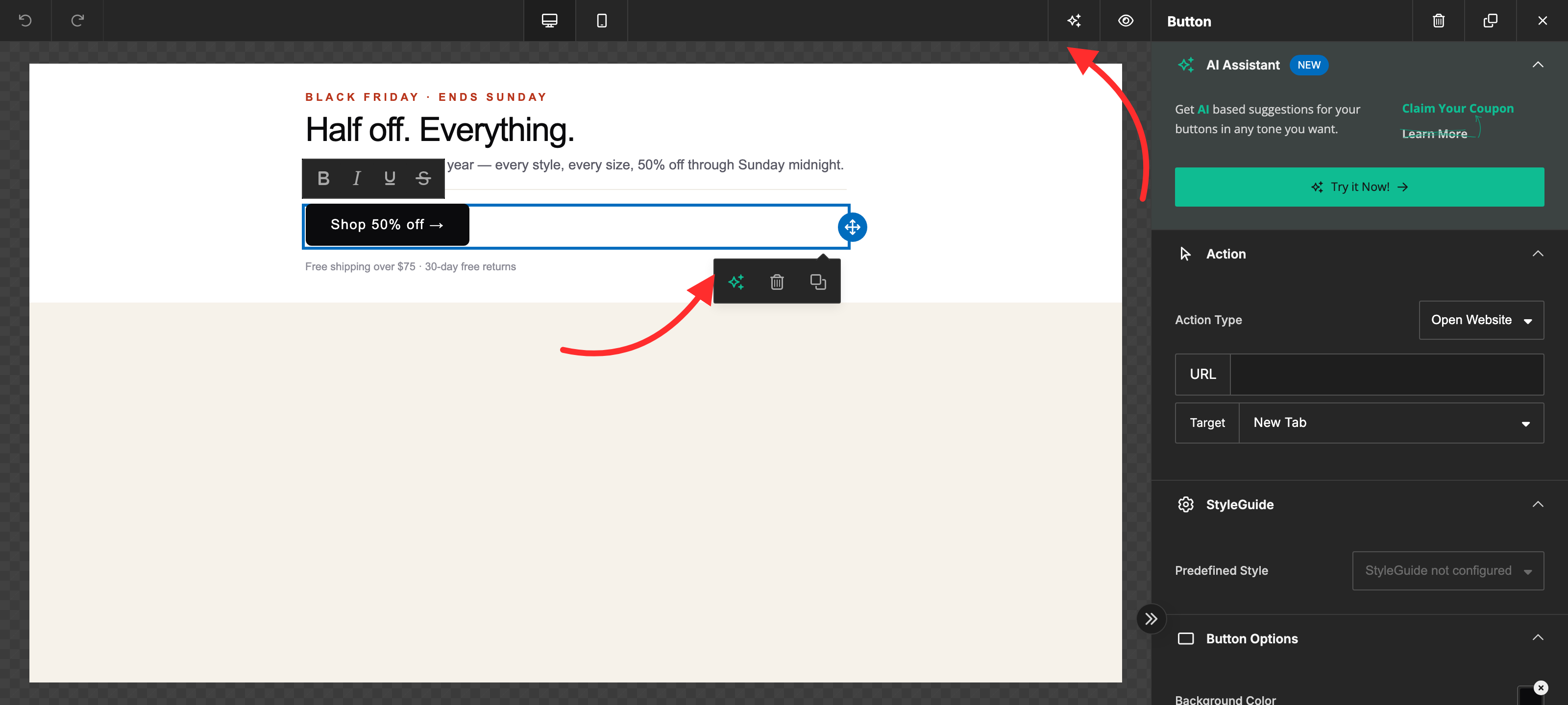 A selected content block on the canvas with the layer-control popover visible, highlighting the Sparkles button that opens the AI Assistant scoped to the selection