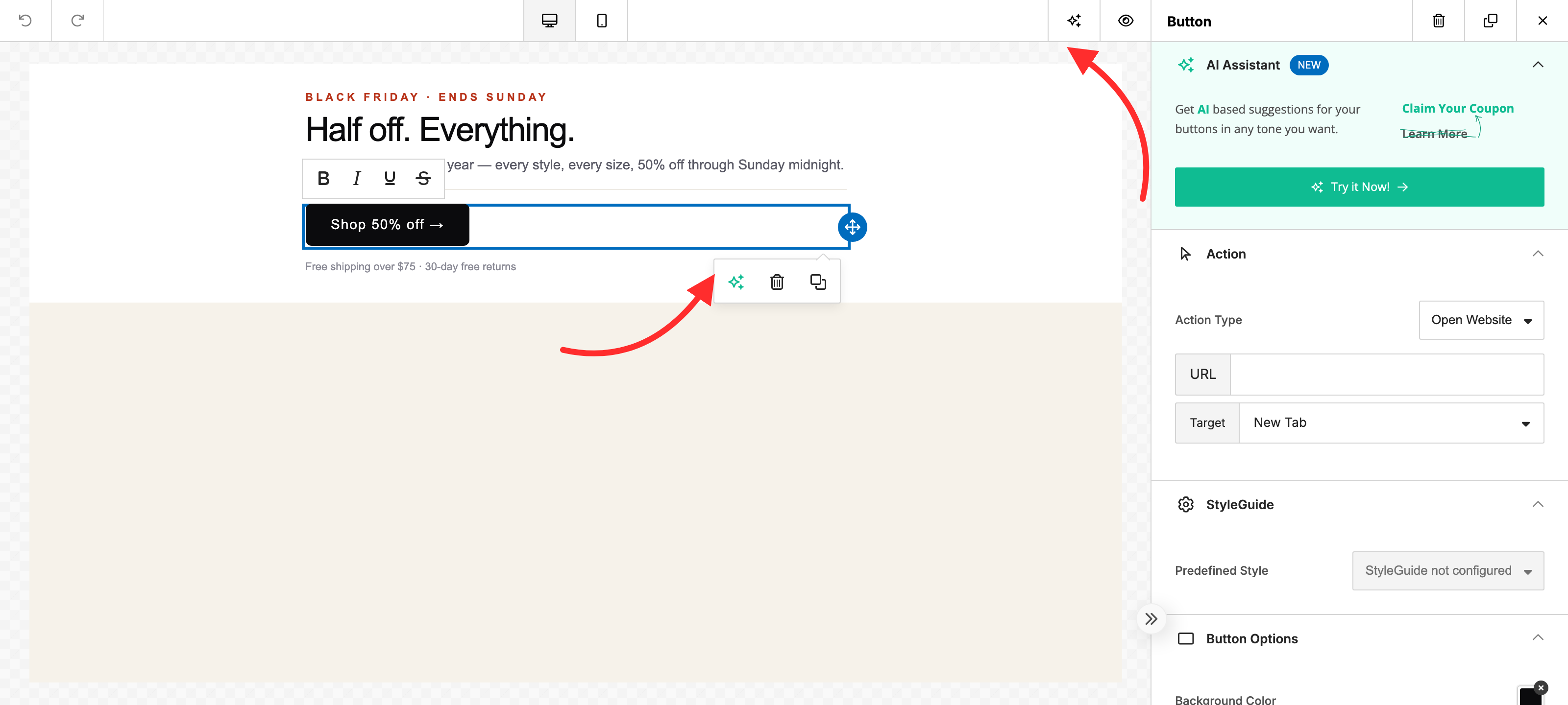 A selected content block on the canvas with the layer-control popover visible, highlighting the Sparkles button that opens the AI Assistant scoped to the selection